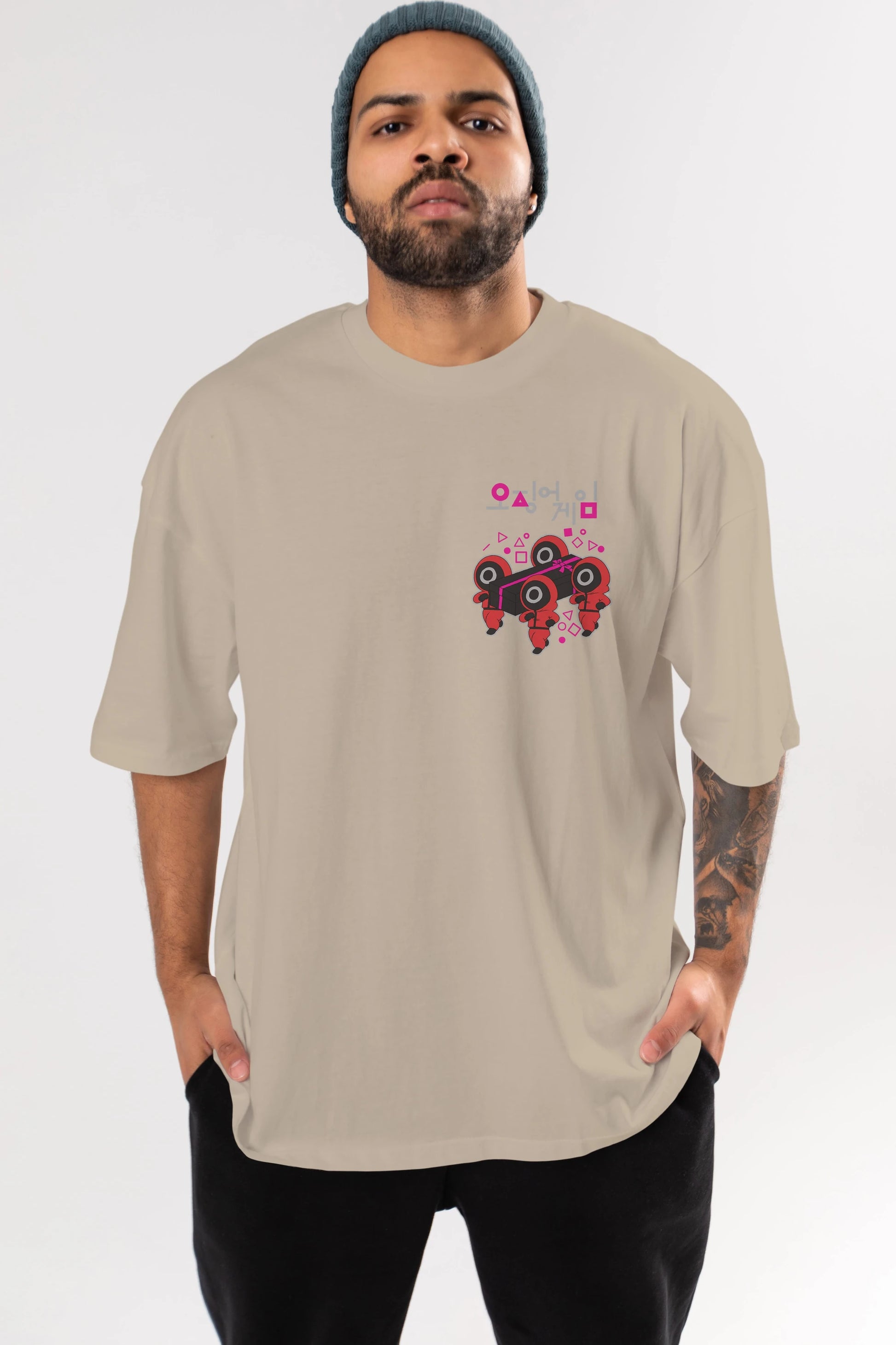 Squid Game (6) Ön Sol Baskılı Oversize t-shirt Erkek Kadın Unisex %100 Pamuk Bisiklet Yaka tişort