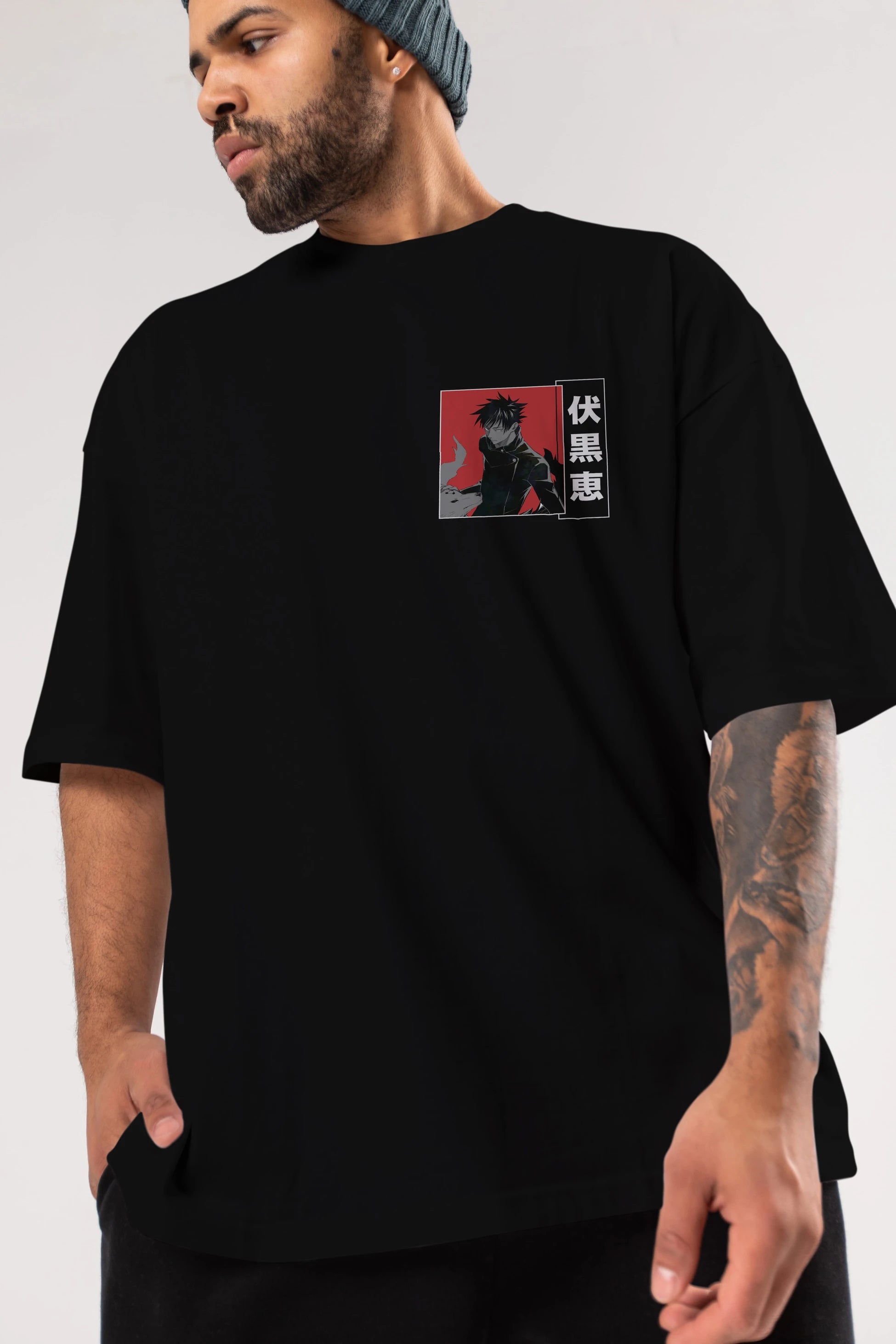 Megumi Fushiguro Ön Sol Baskılı Oversize t-shirt Erkek Kadın Unisex %100 Pamuk Bisiklet Yaka tişort