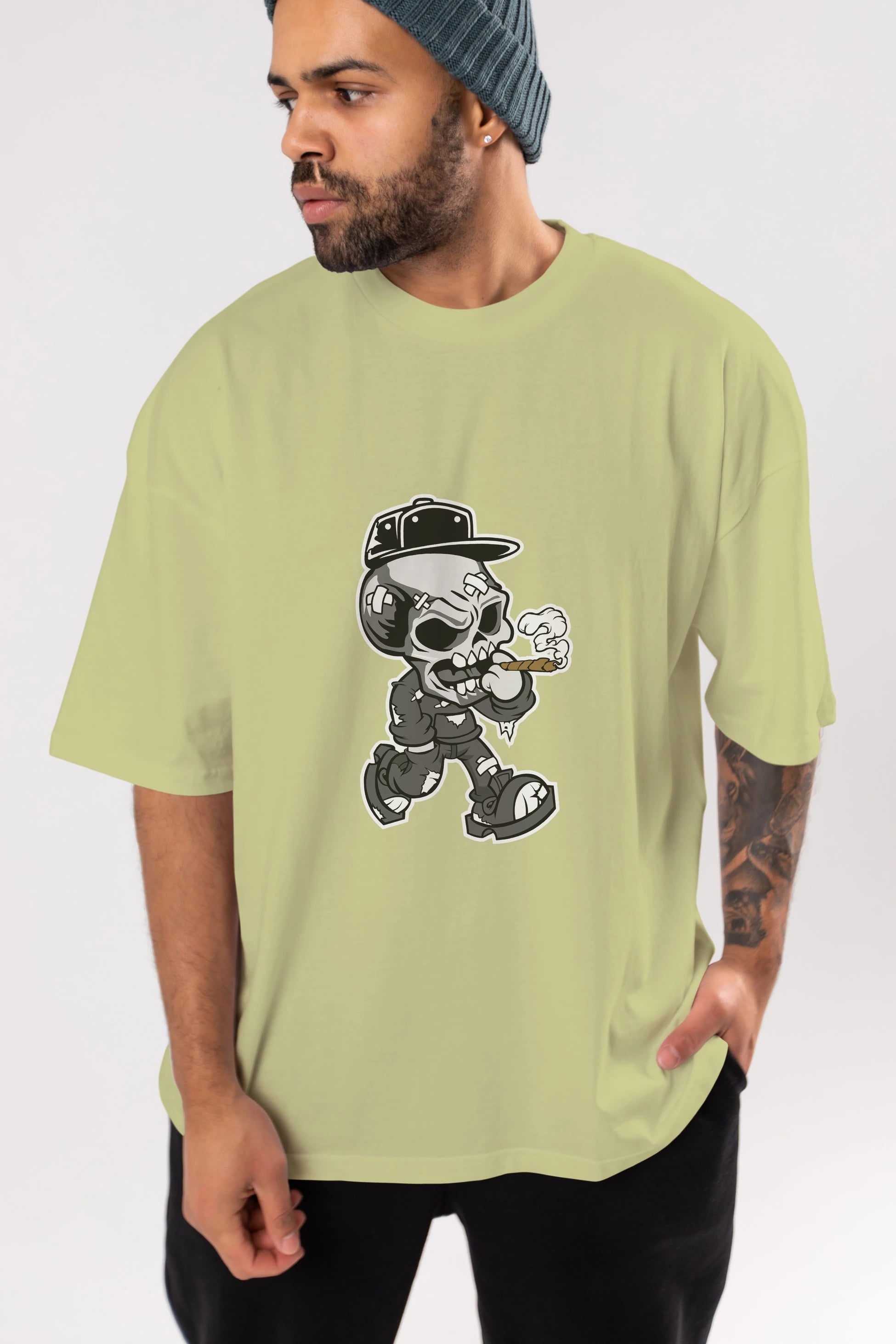 Skull Smoker Ön Baskılı Oversize t-shirt Erkek Kadın Unisex %100 Pamuk tişort