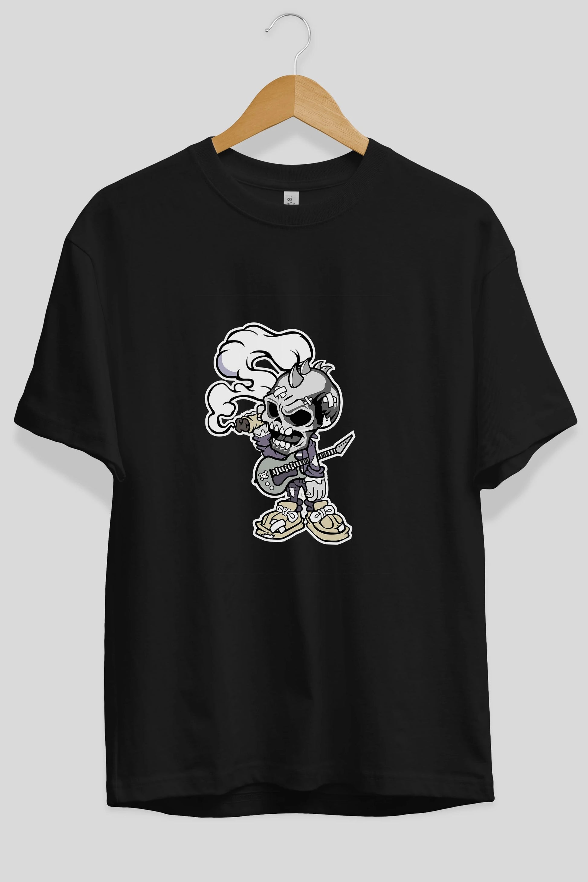 Skull Smoker Punk Rocker Ön Baskılı Oversize t-shirt Erkek Kadın Unisex %100 Pamuk tişort