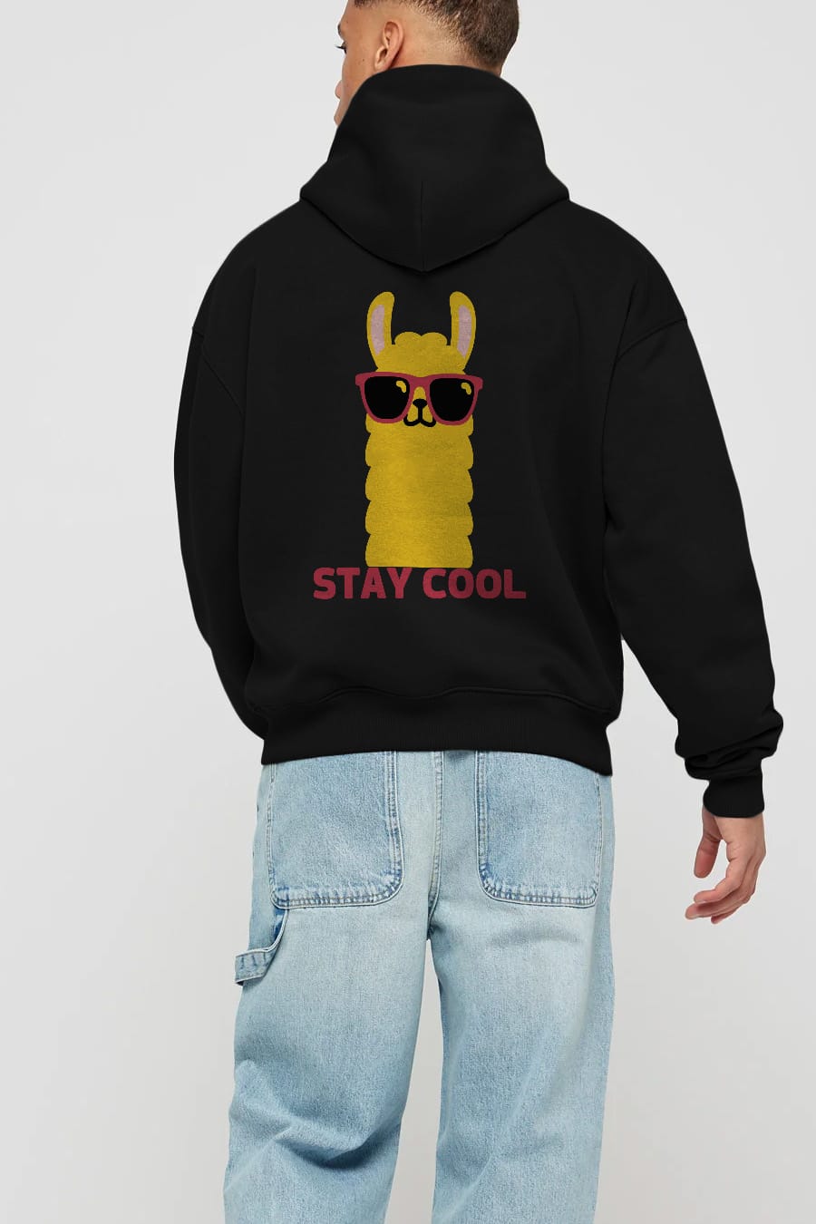 Stay Cool Yazılı Lama Arka Baskılı Oversize Hoodie Kapüşonlu Sweatshirt Erkek Kadın Unisex