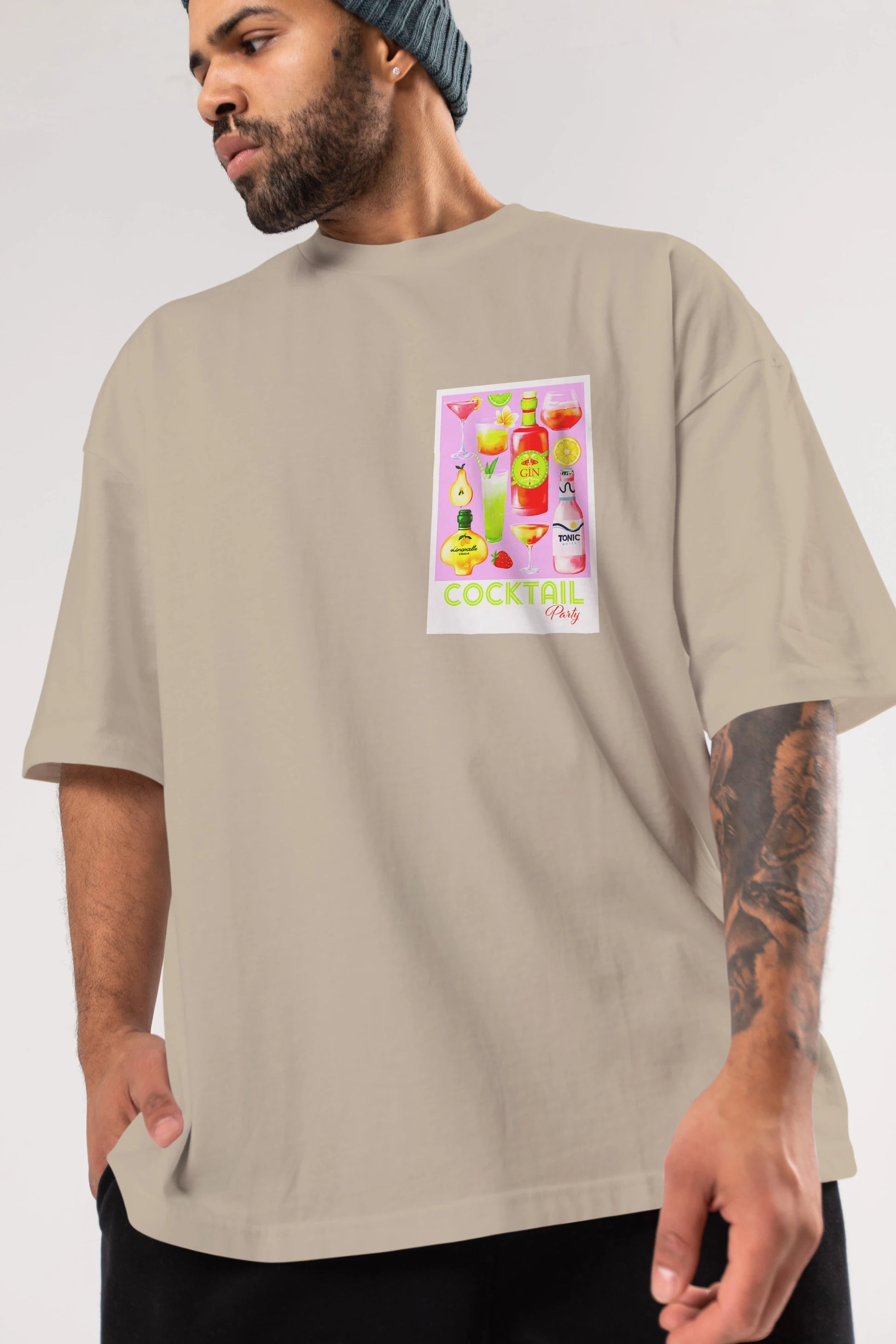 Cocktail Party Ön Sol Baskılı Oversize t-shirt Erkek Kadın Unisex %100 Pamuk Bisiklet Yaka tişort