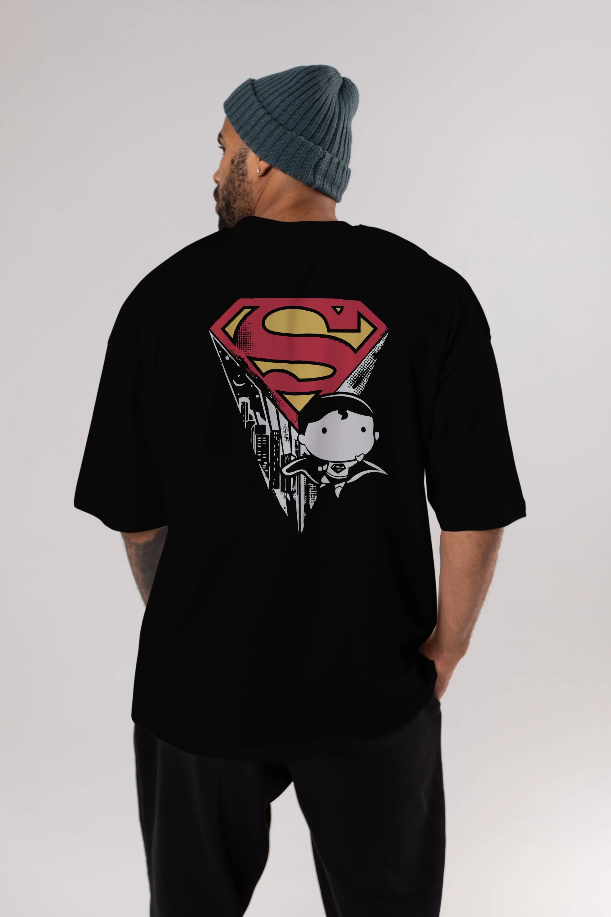 Superman Arka Baskılı Oversize t-shirt Erkek Kadın Unisex %100 Pamuk Bisiklet Yaka tişort