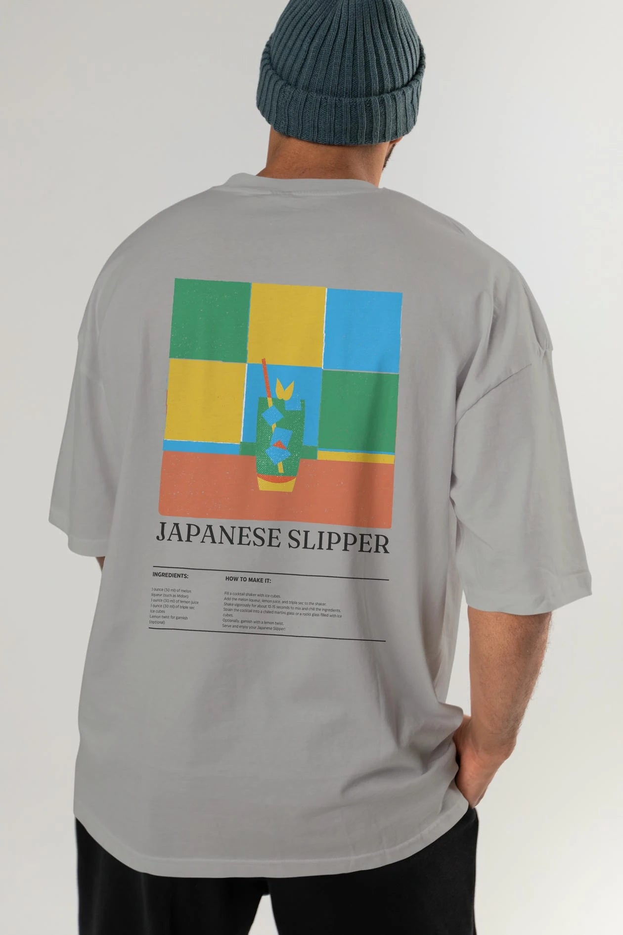 Japanese Slipper Kokteyl Serisi Arka Baskılı Oversize t-shirt Erkek Kadın %100 Pamuk Bisiklet Yaka tişort