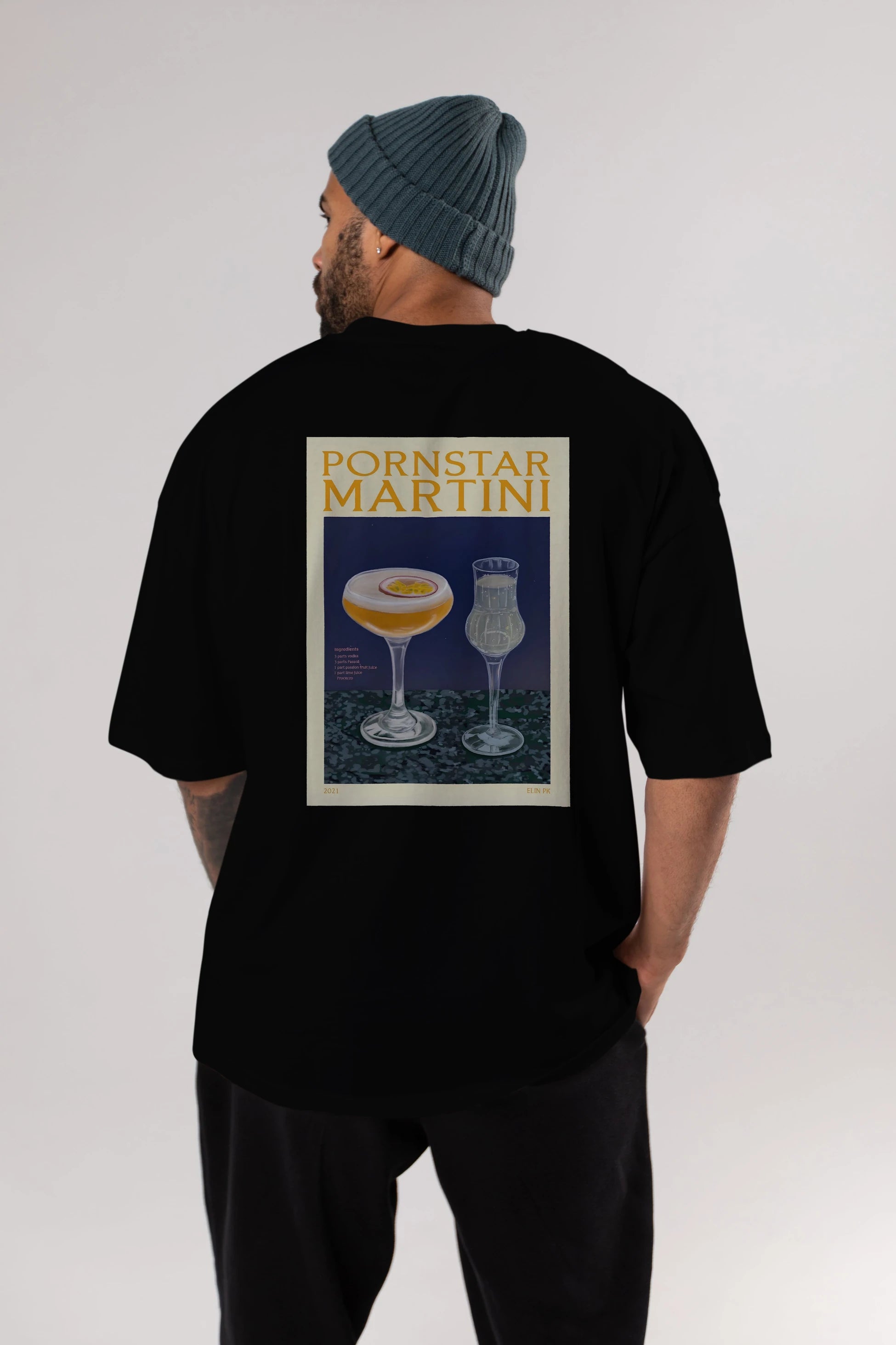 P.rnstar Martini Arka Baskılı Oversize t-shirt Erkek Kadın Unisex %100 Pamuk Bisiklet Yaka tişort