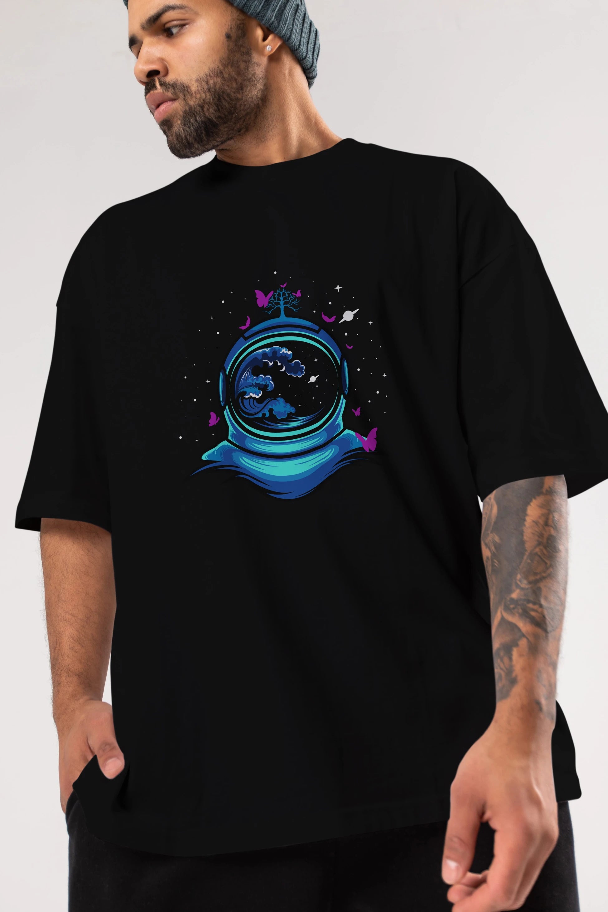 Astronaut and Butterfly Ön Baskılı Oversize t-shirt Erkek Kadın Unisex