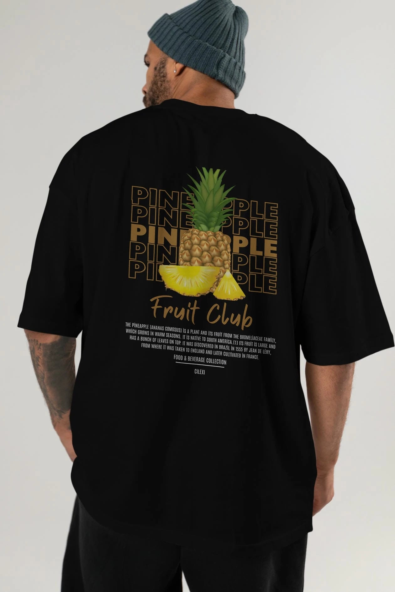 Pineapple Arka Baskılı Oversize t-shirt Erkek Kadın Pamuk Bisiklet Yaka tişort