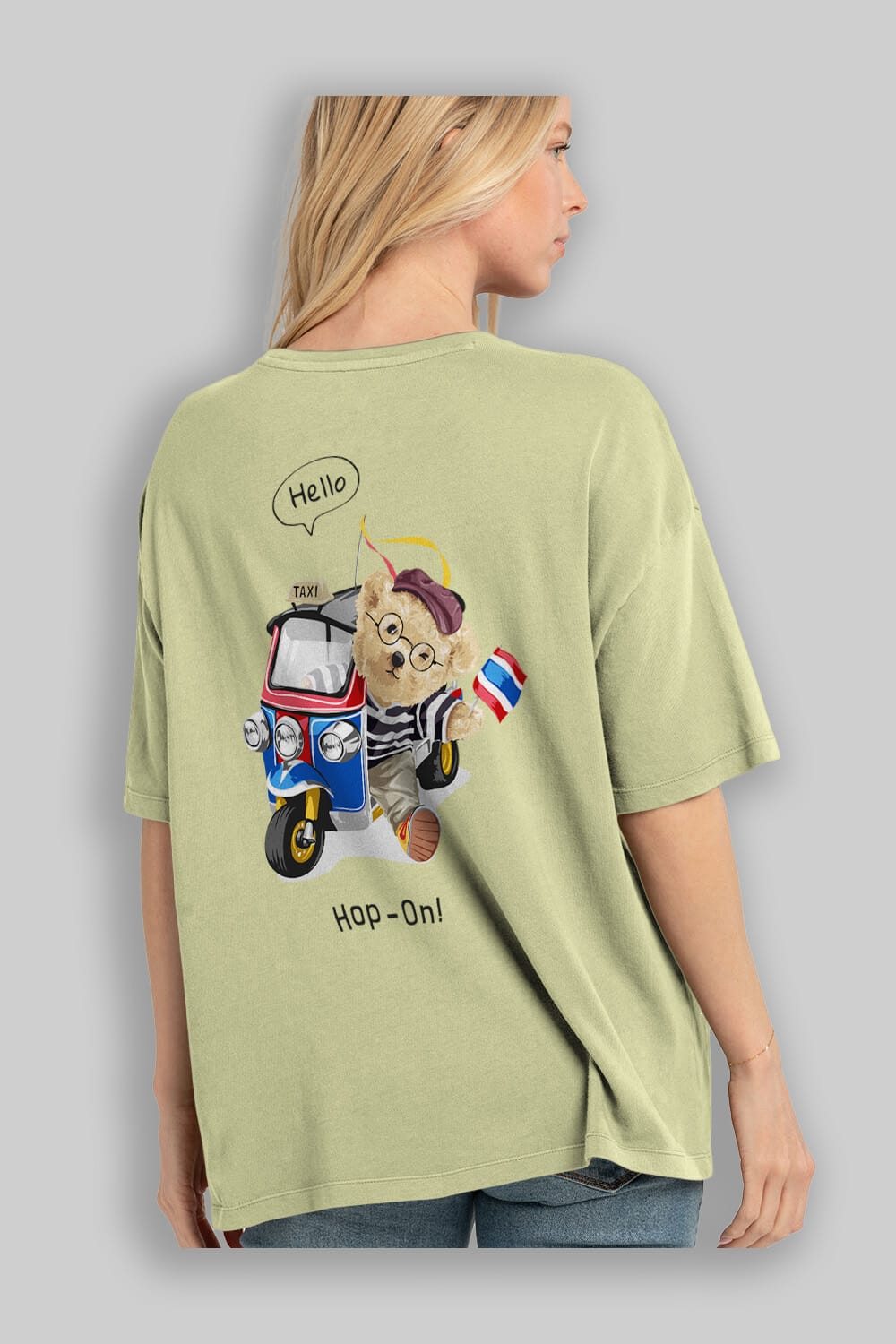Teddy Bear Hop-On Arka Baskılı Oversize t-shirt Erkek Kadın Unisex %100 Pamuk