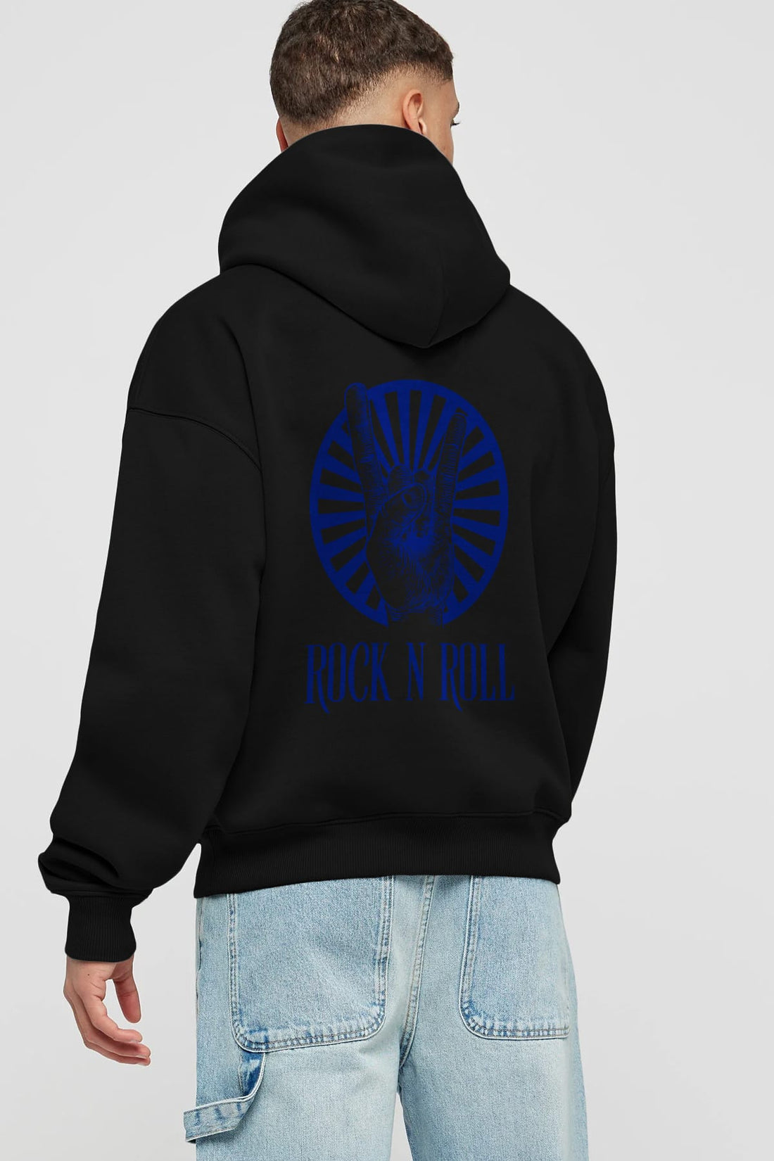 Rock N Roll Yazılı Arka Baskılı Oversize Hoodie Kapüşonlu Sweatshirt Erkek Kadın Unisex