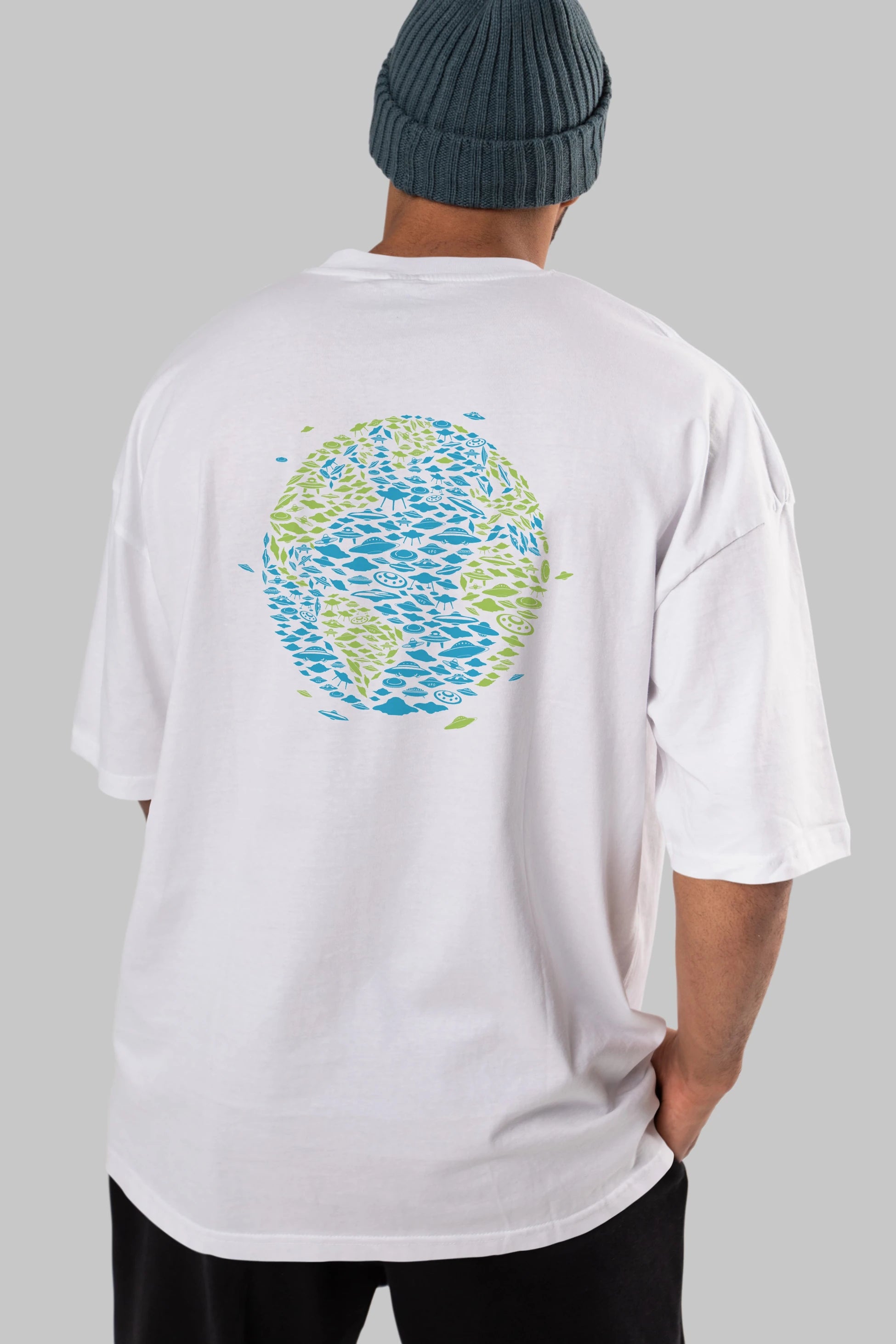 UFO Invasion Arka Baskılı Oversize t-shirt %100 pamuk Erkek Kadın Unisex