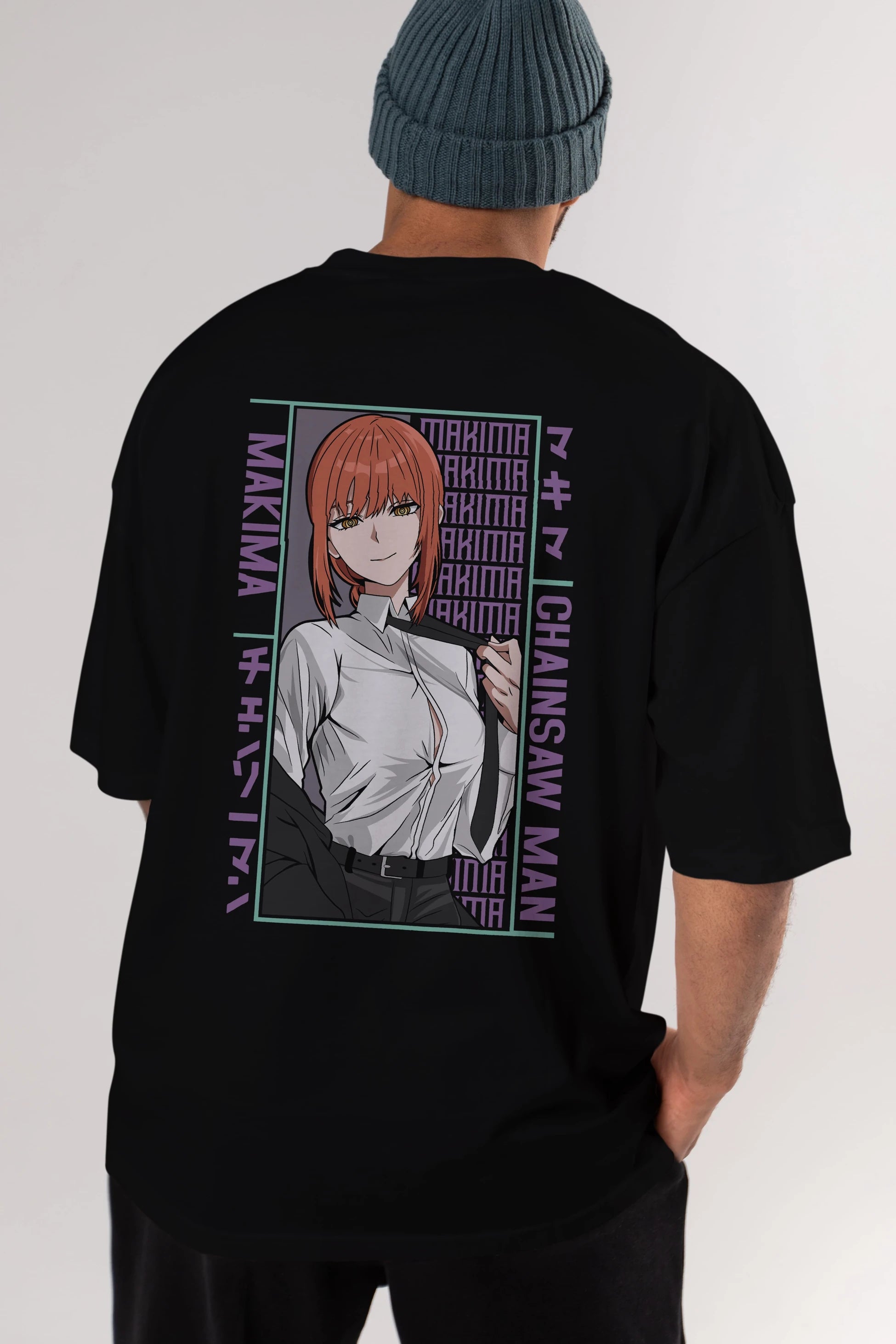 Makima Chain Saw Man Anime Arka Baskılı Oversize t-shirt Erkek Kadın Unisex
