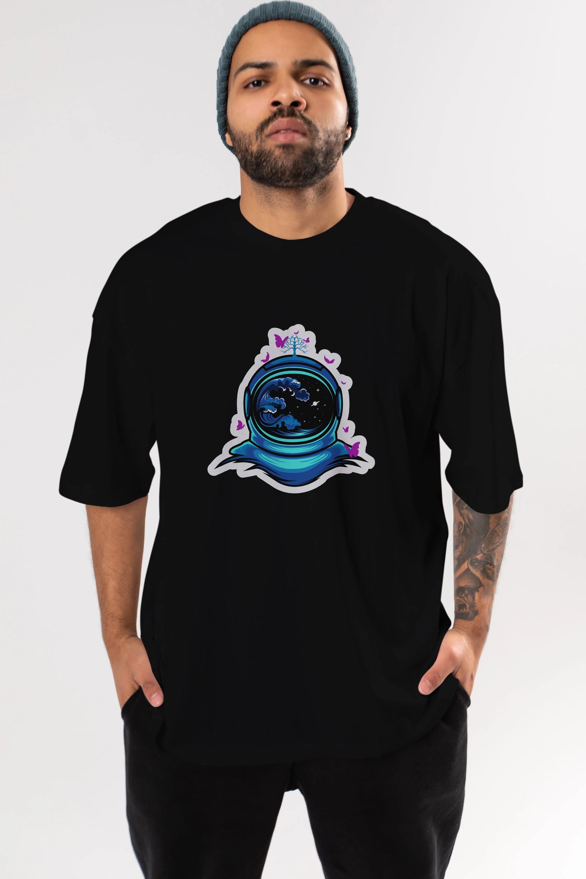 Astronaut and Butterfly Sticker Ön Baskılı Oversize t-shirt Erkek Kadın Unisex