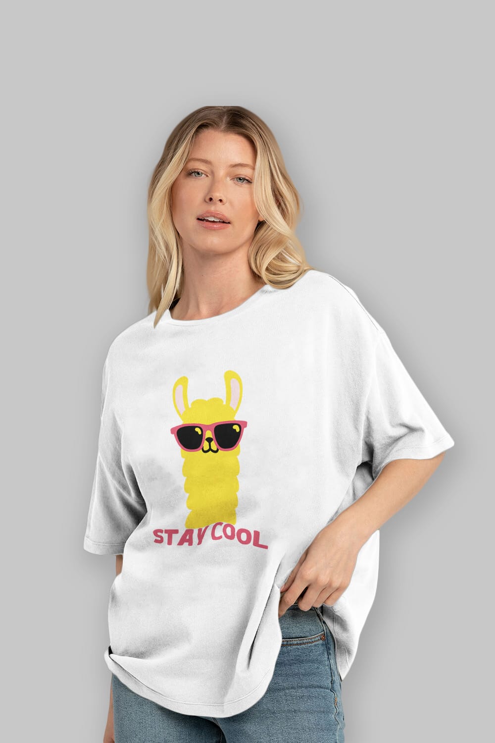 Stay Cool Yazılı Lama Ön Baskılı Oversize t-shirt Erkek Kadın Unisex