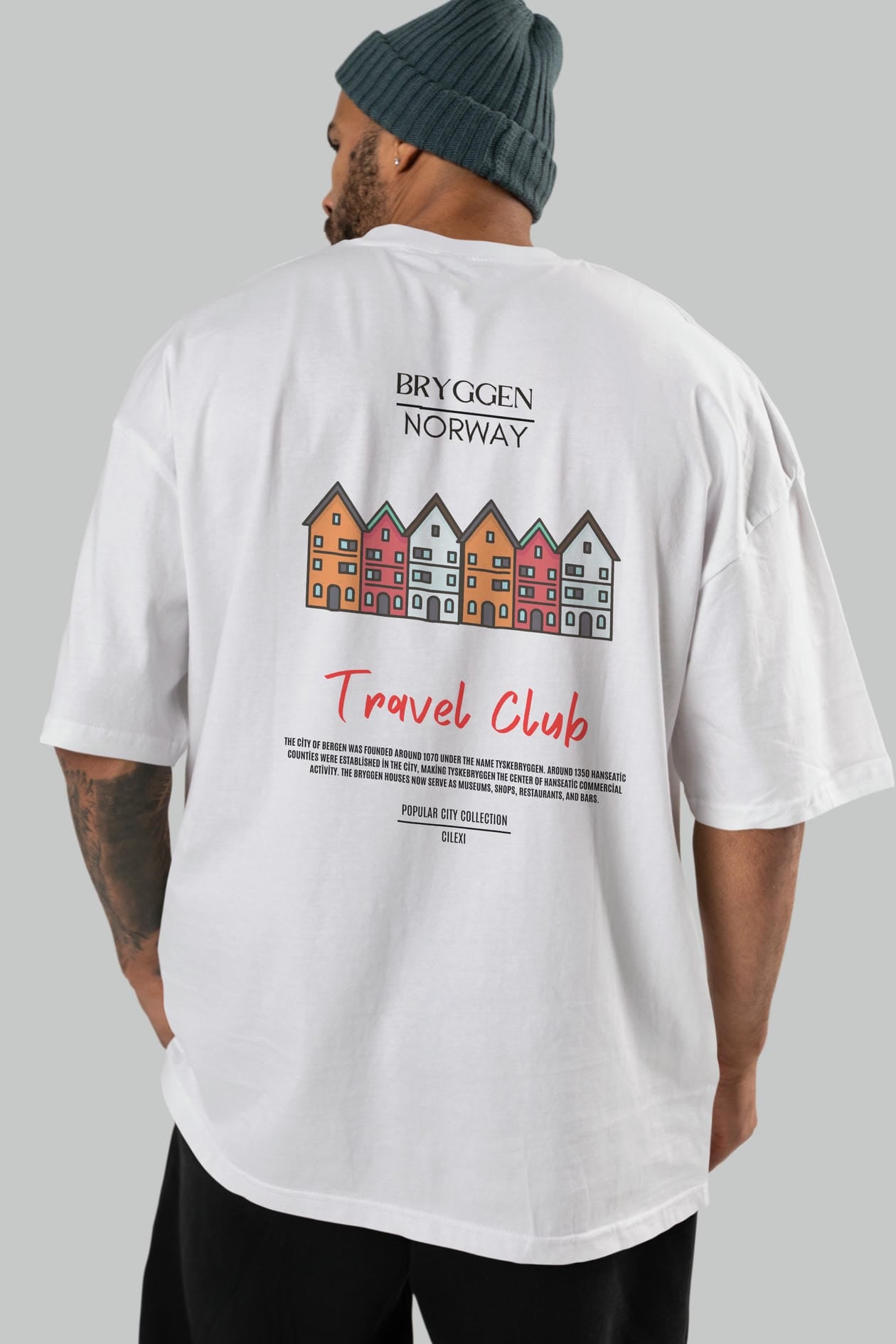 Bryggen Norway Arka Baskılı Oversize t-shirt Erkek Kadın Pamuk Bisiklet Yaka tişort