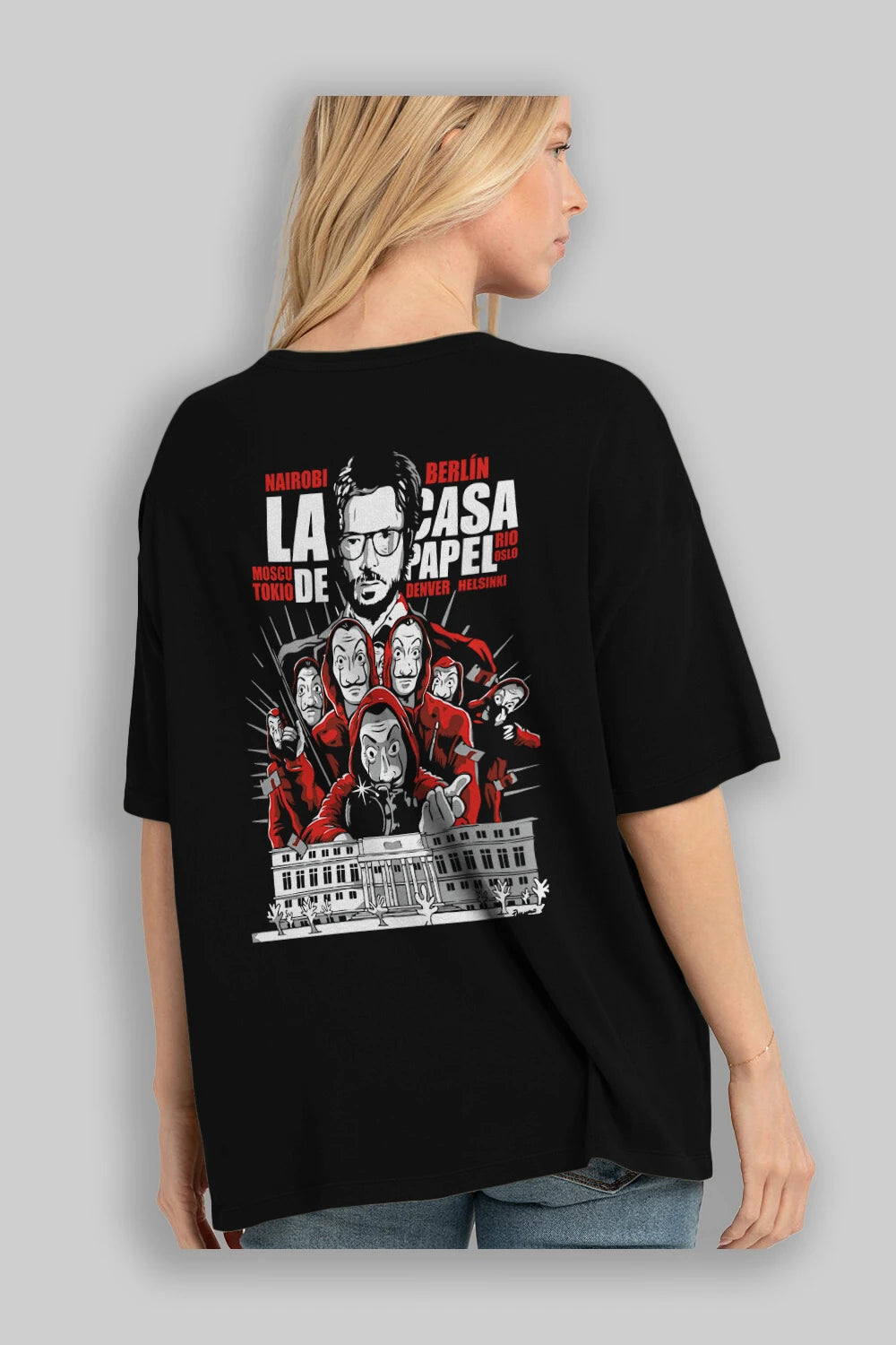 La Casa De Papel (2) Arka Baskılı Oversize t-shirt Erkek Kadın Unisex %100 Pamuk Bisiklet Yaka tişort