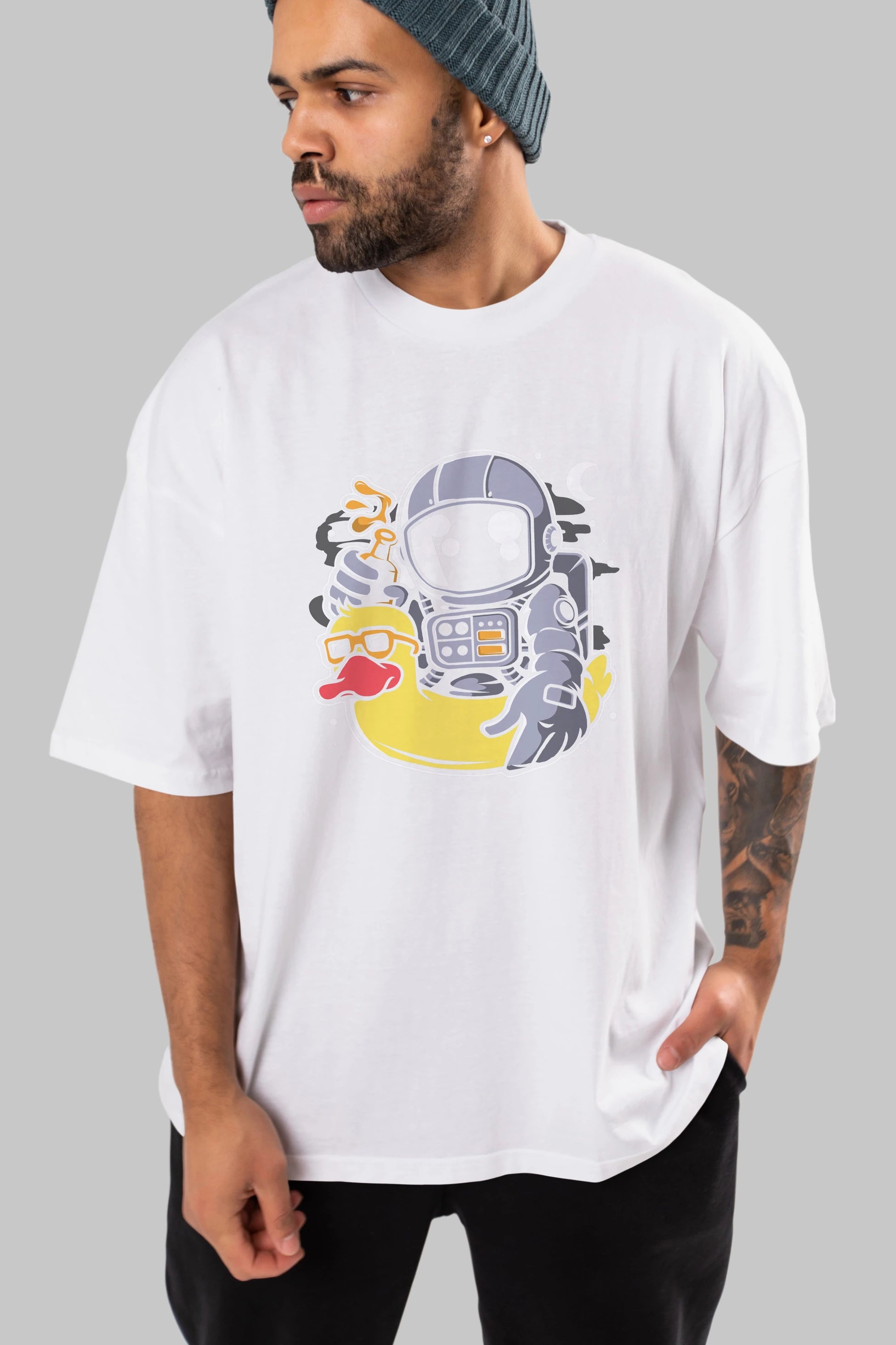 Astronaut Duck Balloon Ön Baskılı Oversize t-shirt Erkek Kadın Unisex