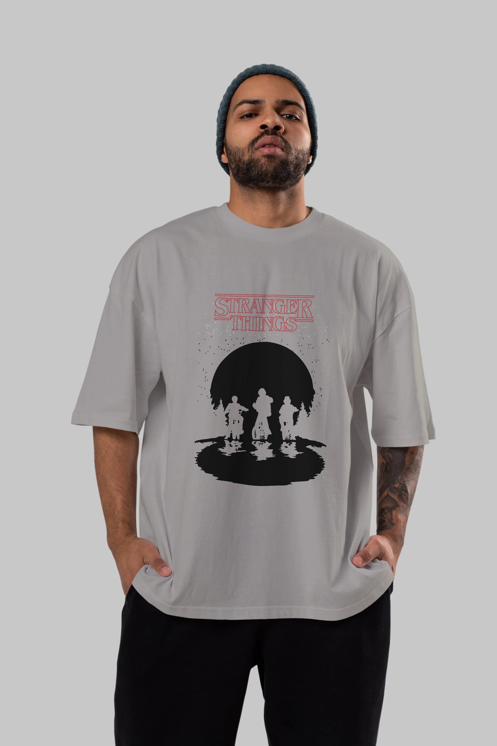 Stranger Things Ön Baskılı Oversize t-shirt Erkek Kadın Unisex %100 Pamuk Bisiklet Yaka tişort