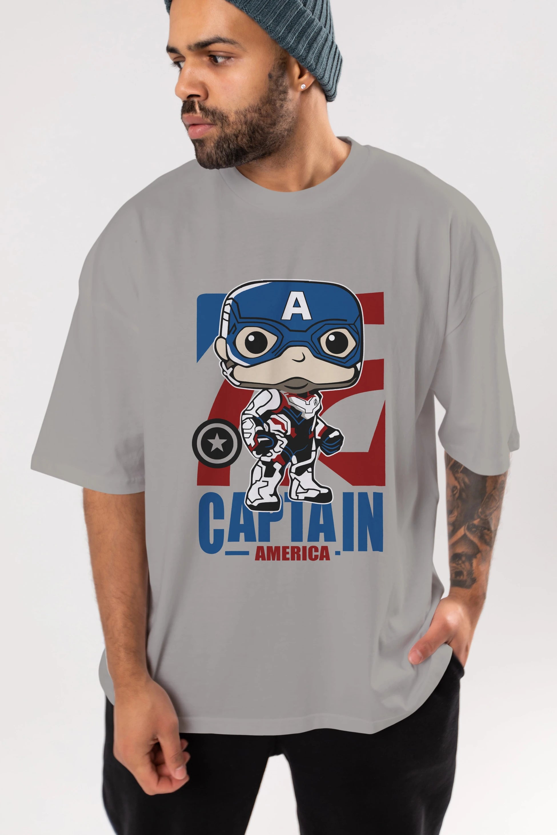 Captain America Ön Baskılı Oversize t-shirt Erkek Kadın Unisex %100 Pamuk Bisiklet Yaka tişort