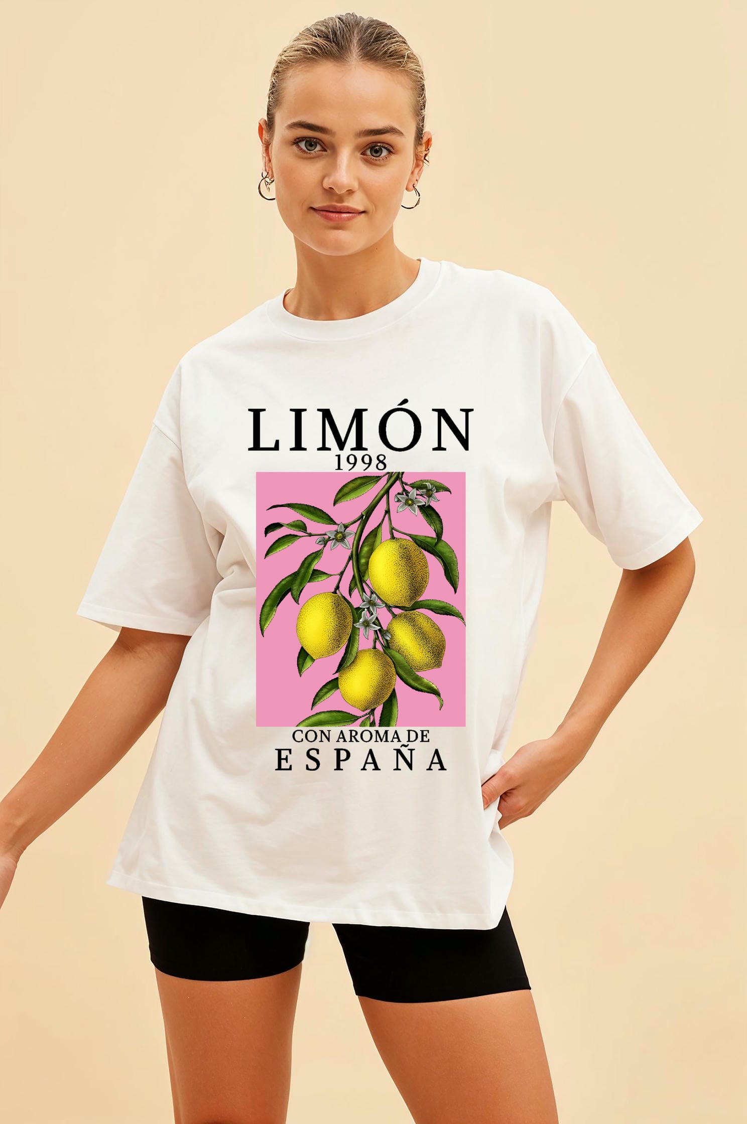 Limon Espana Ön Baskılı Oversize t-shirt Erkek Kadın Pamuk Bisiklet Yaka tişort
