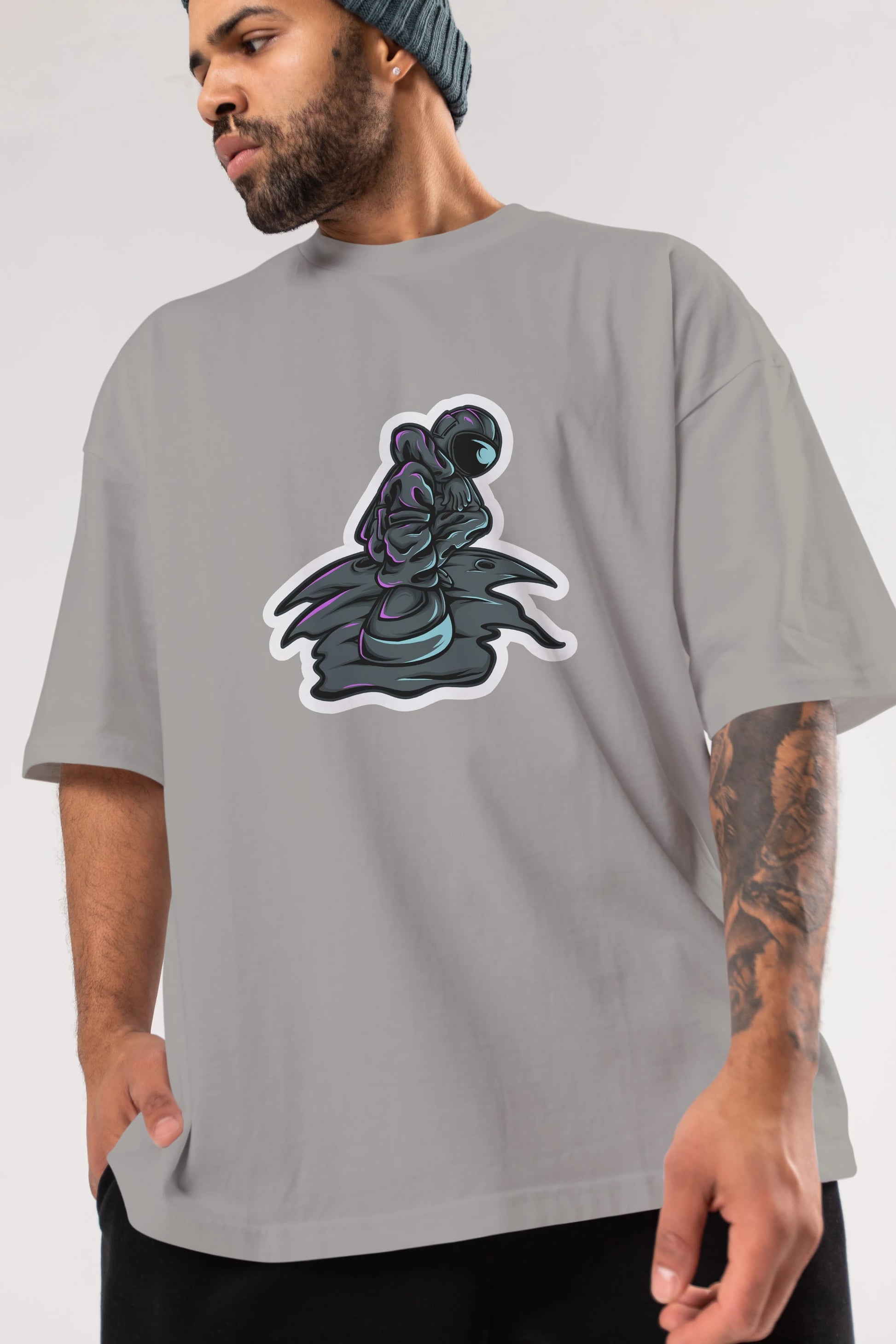Stylish Astronaut Sticker Ön Baskılı Oversize t-shirt Erkek Kadın Unisex
