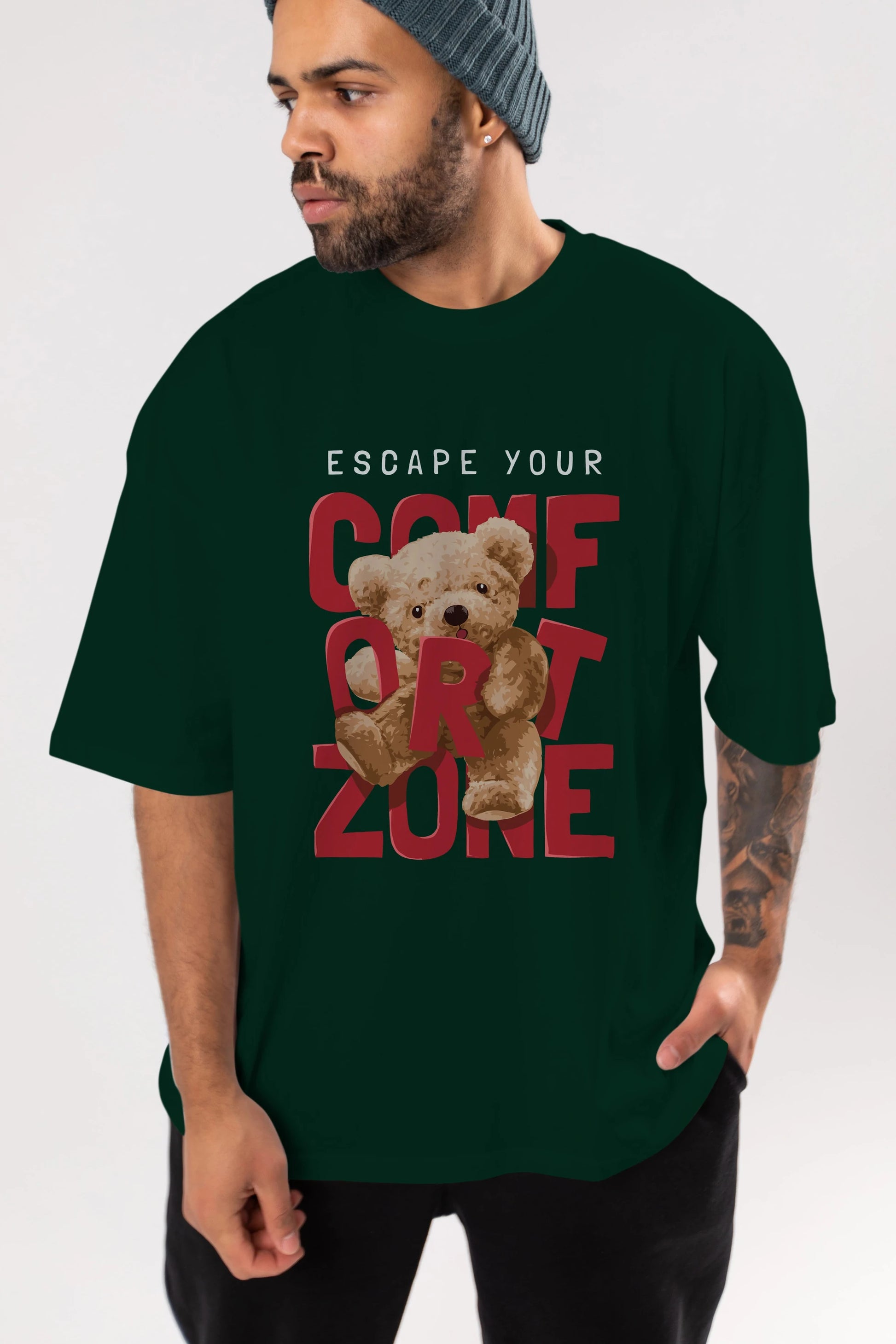 Teddy Bear Escape Comfort Zone Ön Baskılı Oversize t-shirt Erkek Kadın Unisex %100 Pamuk