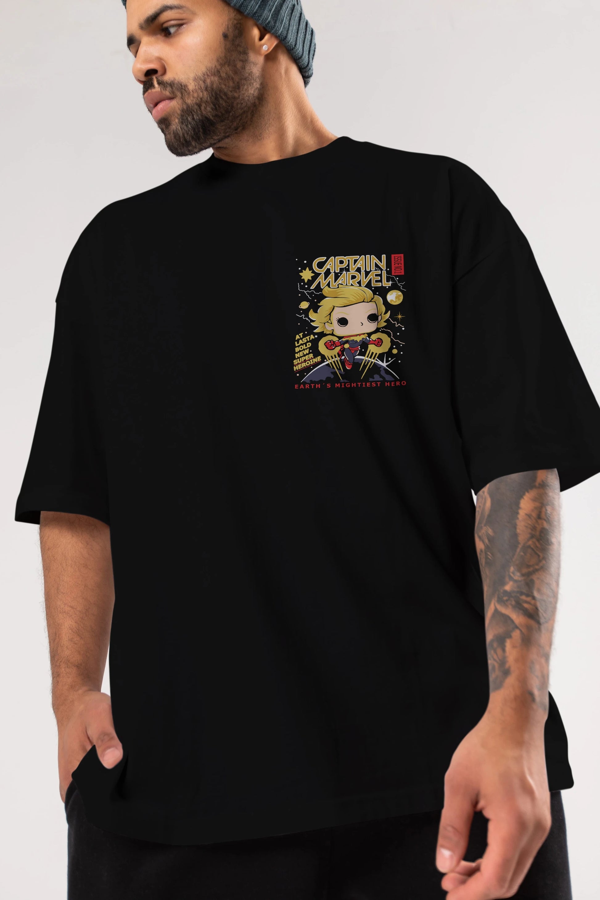 Captain Marvel Ön Sol Baskılı Oversize t-shirt Erkek Kadın Unisex %100 Pamuk Bisiklet Yaka tişort