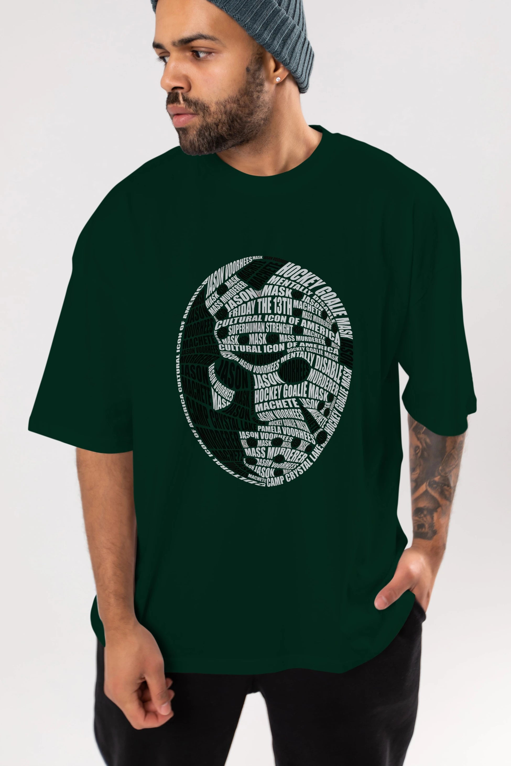 Jason Voorhees Calligram Ön Baskılı Oversize t-shirt %100 pamuk Erkek Kadın Unisex