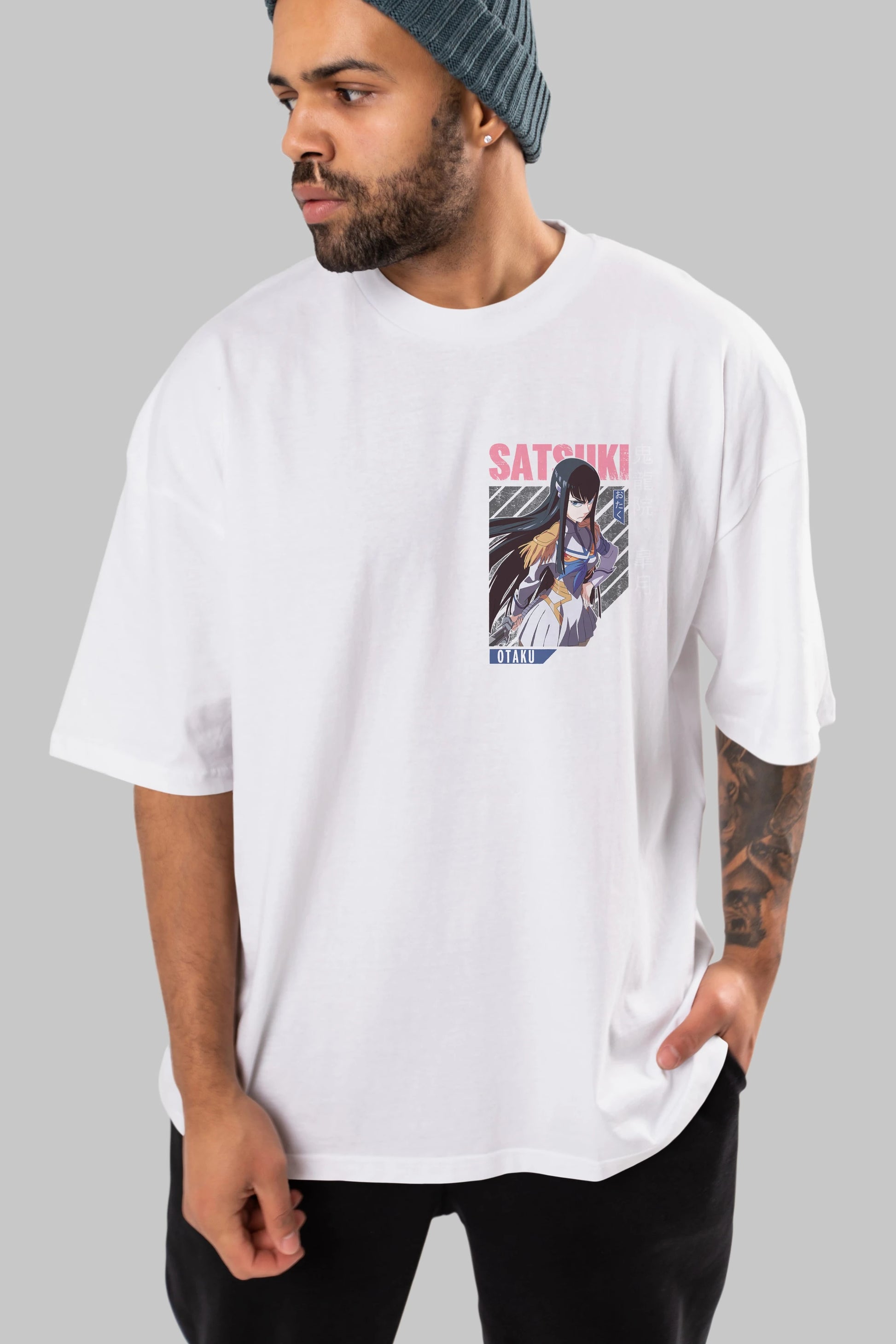 Satsuki Kiryuuin 8 Ön Sol Baskılı Oversize t-shirt Erkek Kadın Unisex %100 Pamuk Bisiklet Yaka tişort