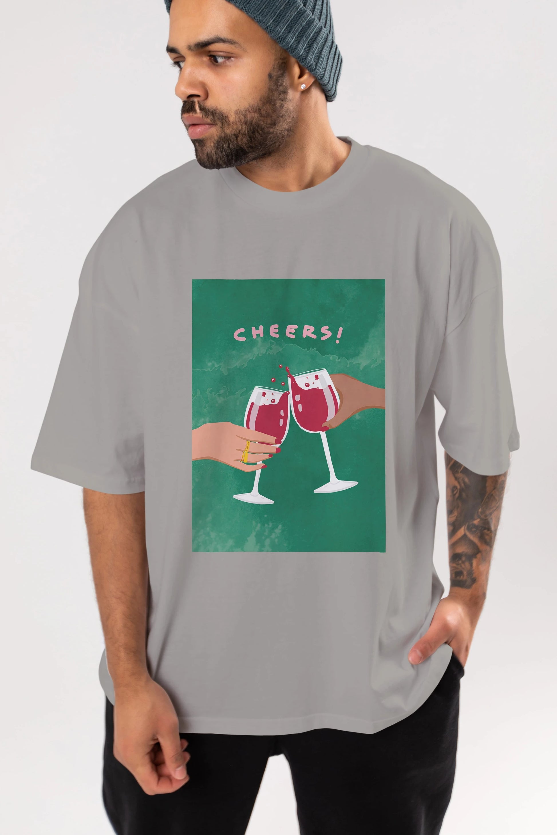 Cheers Ön Baskılı Oversize t-shirt Erkek Kadın Unisex %100 Pamuk Bisiklet Yaka tişort