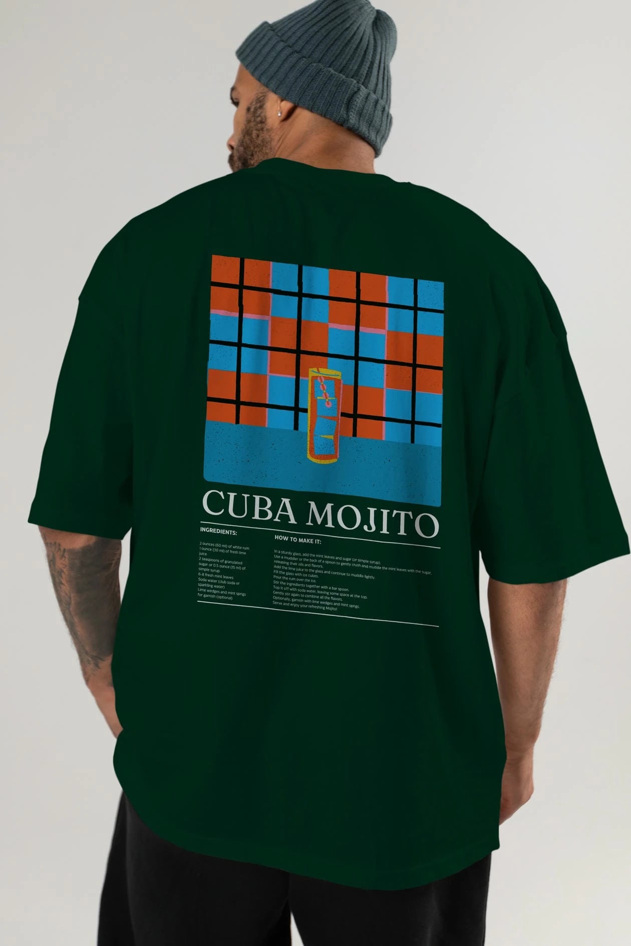 Cuba Mojıto Kokteyl Serisi Arka Baskılı Oversize t-shirt Erkek Kadın %100 Pamuk Bisiklet Yaka tişort