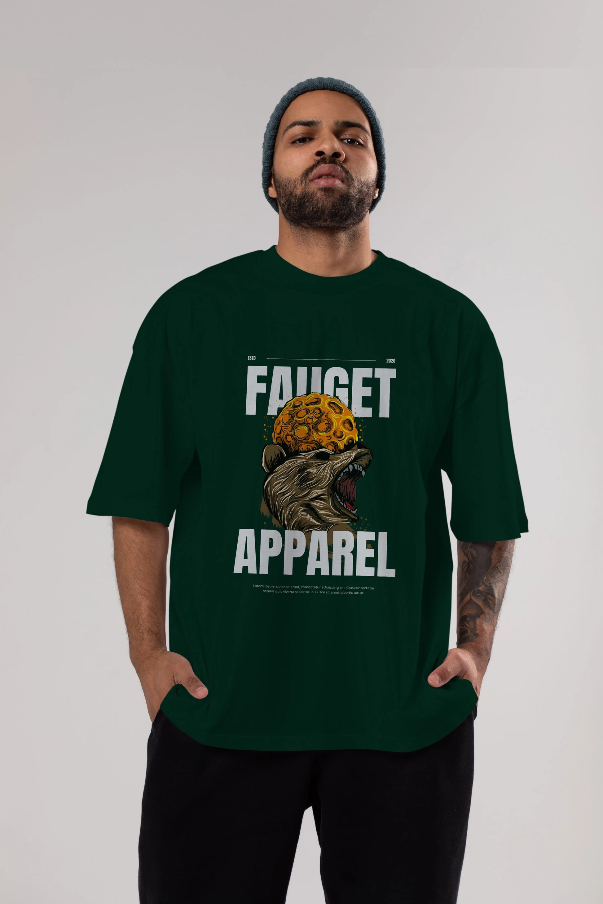 Bear Angry Fauget Apparel Ön Baskılı Oversize t-shirt Erkek Kadın Unisex