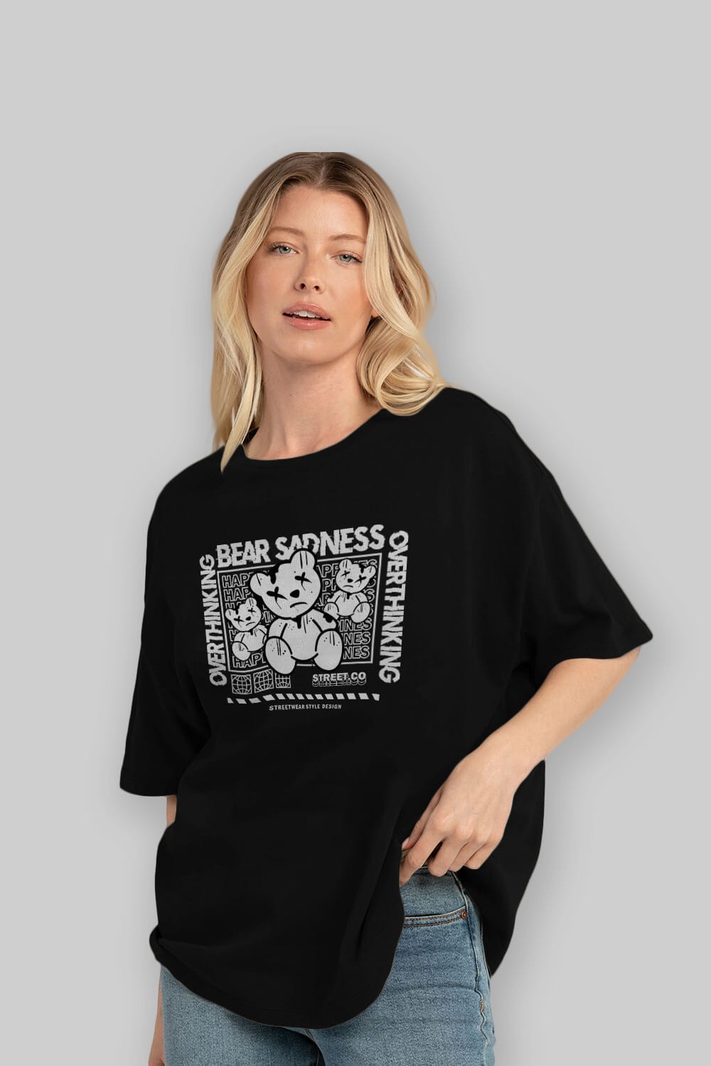 Bear Sadness 2 Ön Baskılı Oversize t-shirt Erkek Kadın Unisex