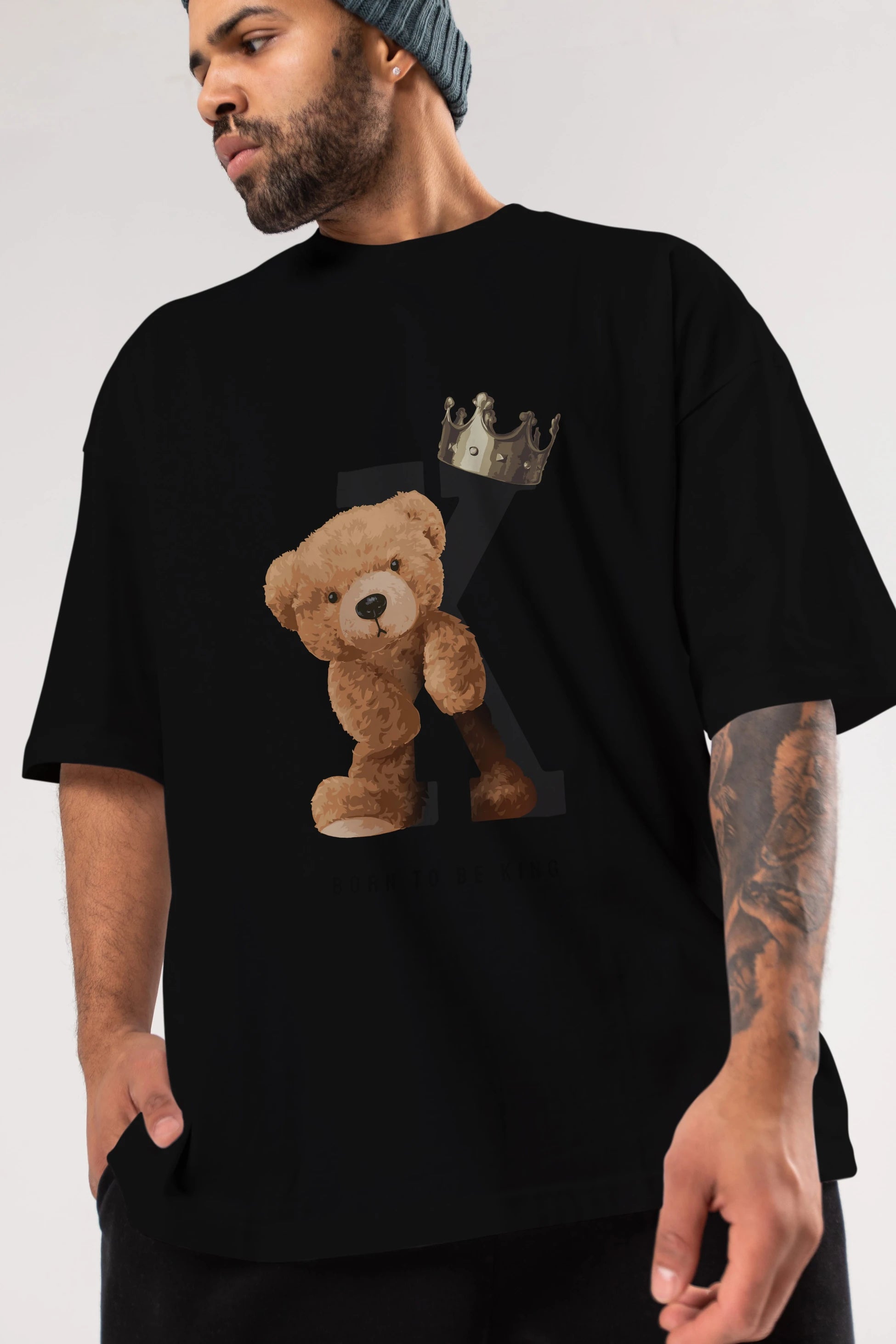 Teddy Bear Born To Be King Ön Baskılı Oversize t-shirt Erkek Kadın Unisex %100 Pamuk