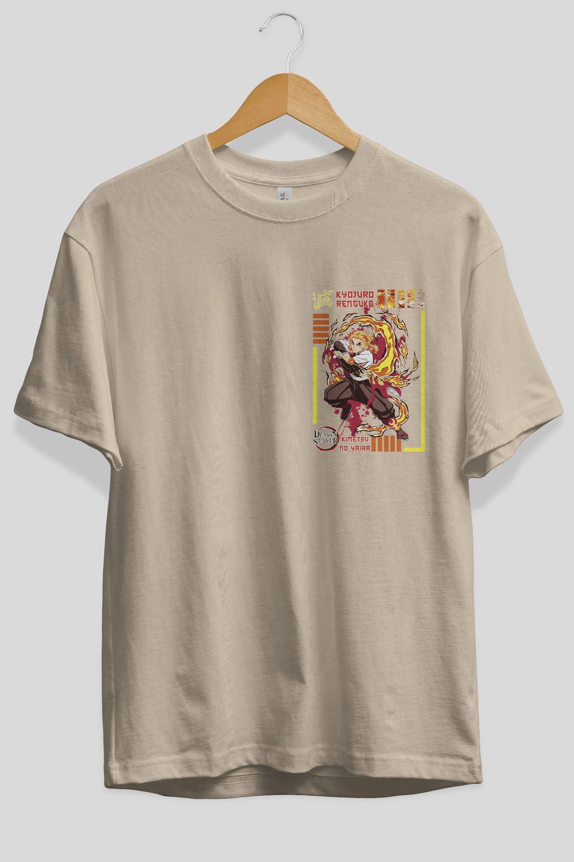 KYOJURO RENGOKU Ön Sol Baskılı Oversize t-shirt Erkek Kadın Unisex %100 Pamuk Bisiklet Yaka tişort