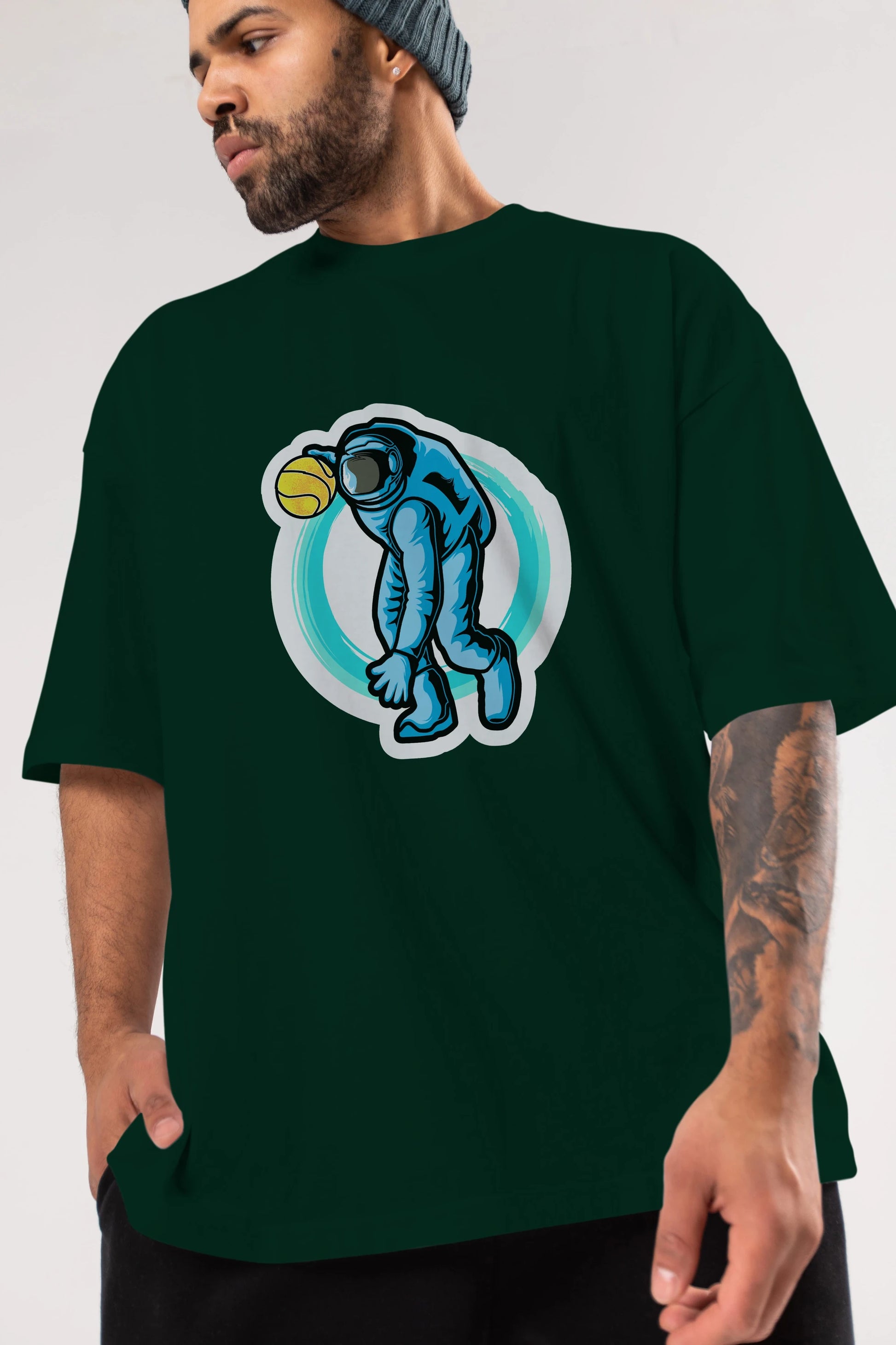 Astronaut Dribble Sticker Ön Baskılı Oversize t-shirt Erkek Kadın Unisex