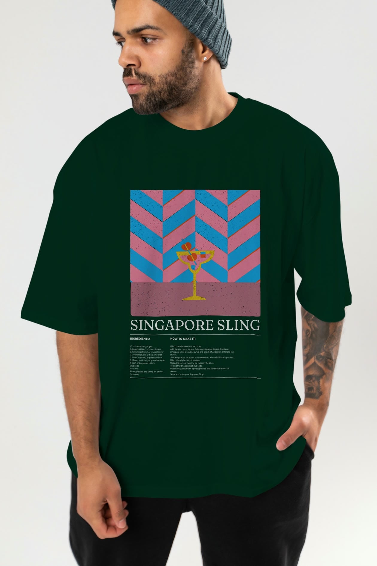 Sıngapore Sling Kokteyl Ön Baskılı Oversize t-shirt Erkek Kadın %100 Pamuk Bisiklet Yaka tişort