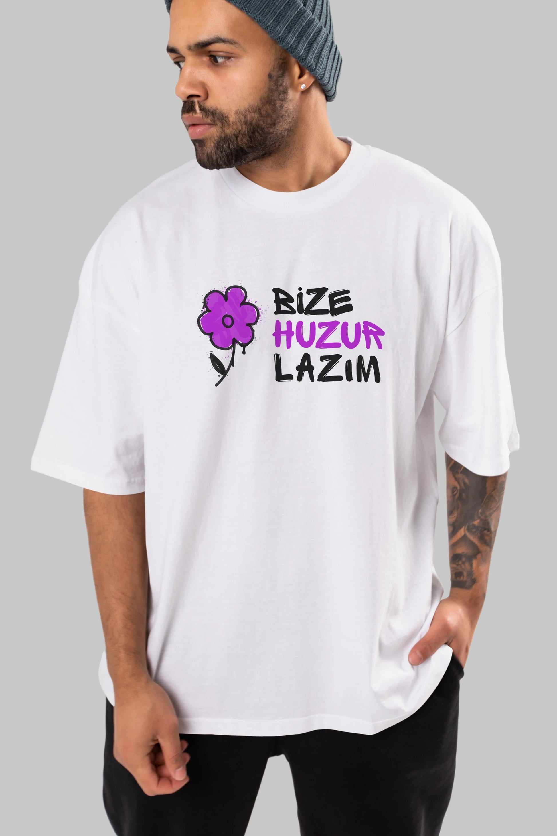 Bize Huzur Lazım Ön Baskılı Oversize t-shirt Erkek Kadın Unisex