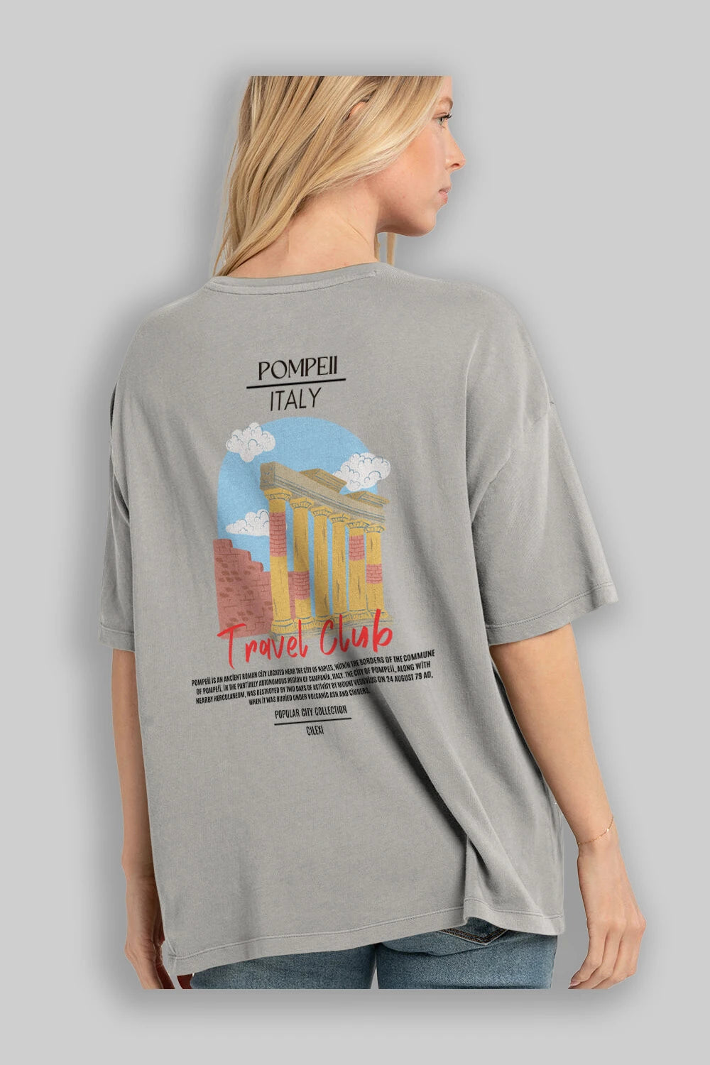Pompeii İtaly Arka Baskılı Oversize t-shirt Erkek Kadın Pamuk Bisiklet Yaka tişort