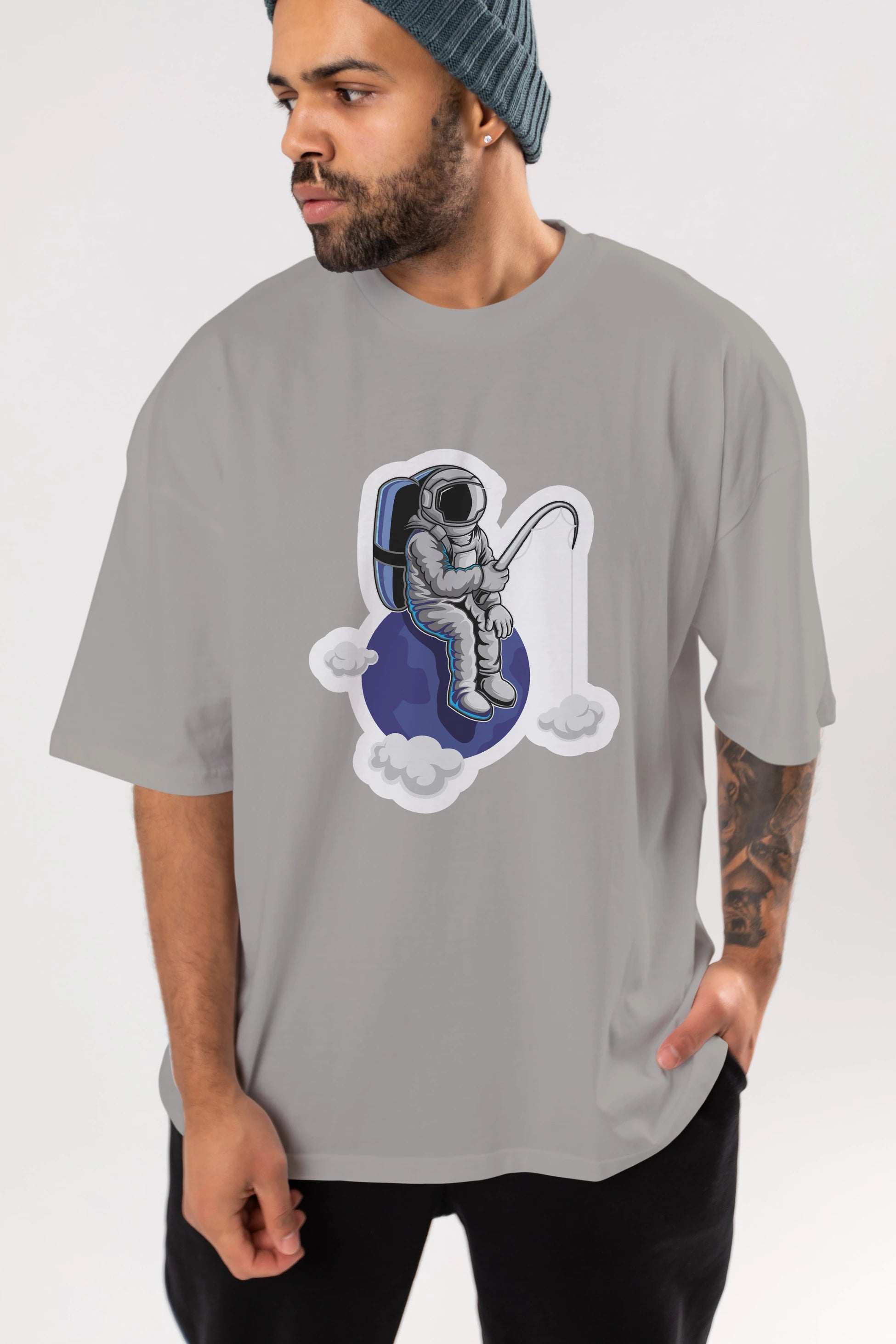 Astronaut Fishing Sticker Ön Baskılı Oversize t-shirt Erkek Kadın Unisex