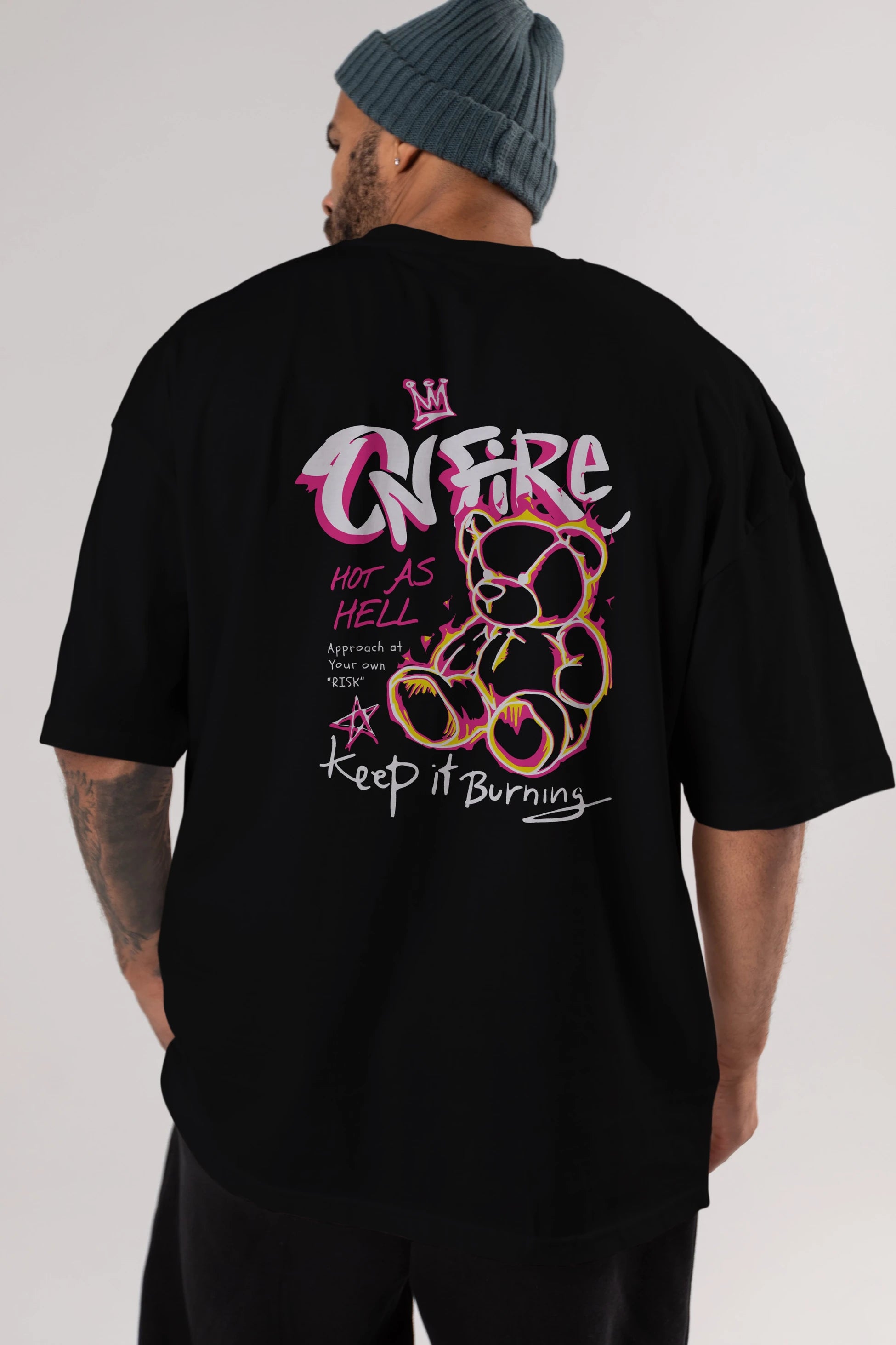 On Fire Bear Arka Baskılı Oversize t-shirt Erkek Kadın Unisex