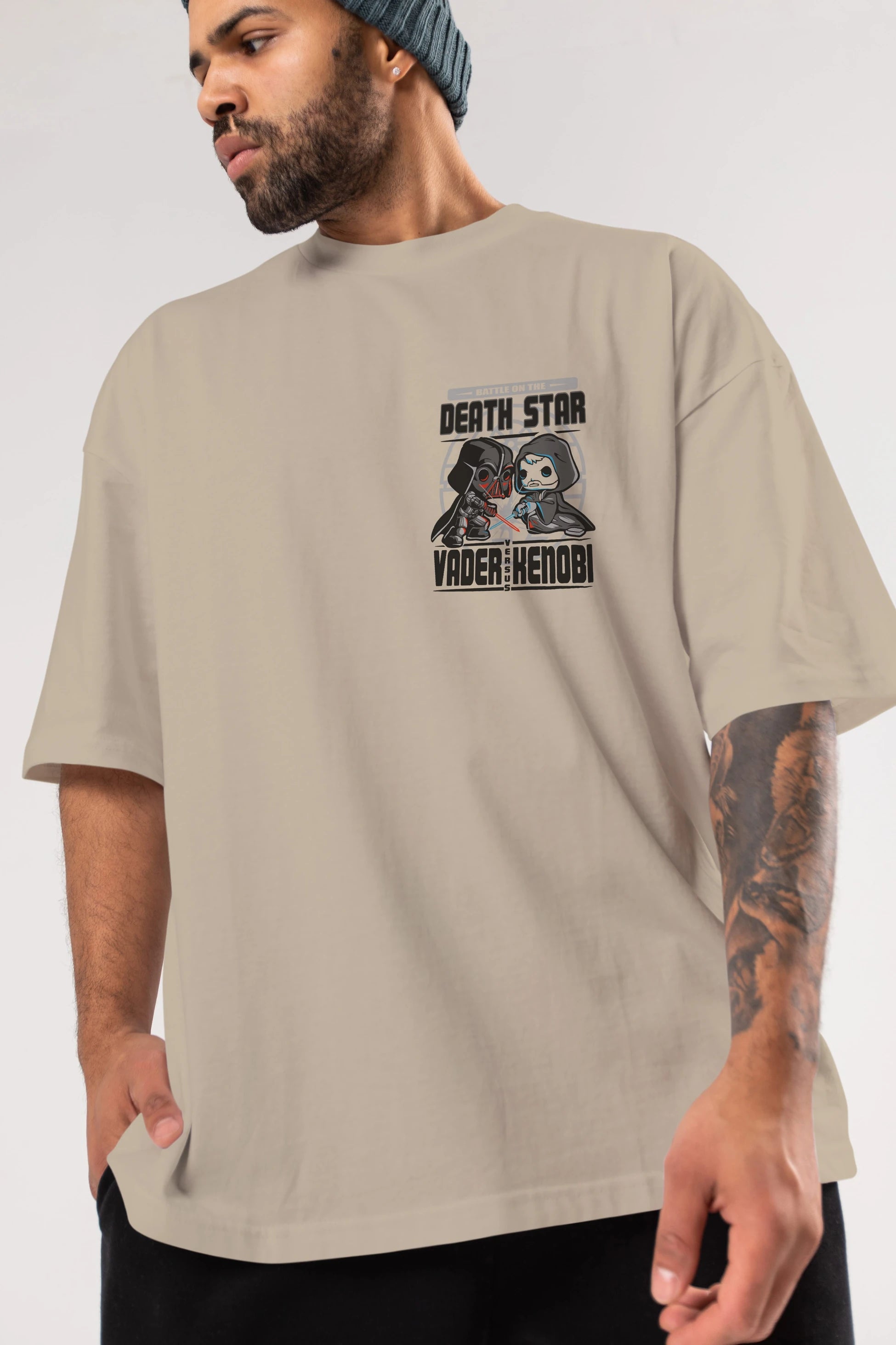 Vader Kenobi Ön Sol Baskılı Oversize t-shirt Erkek Kadın Unisex %100 Pamuk Bisiklet Yaka tişort