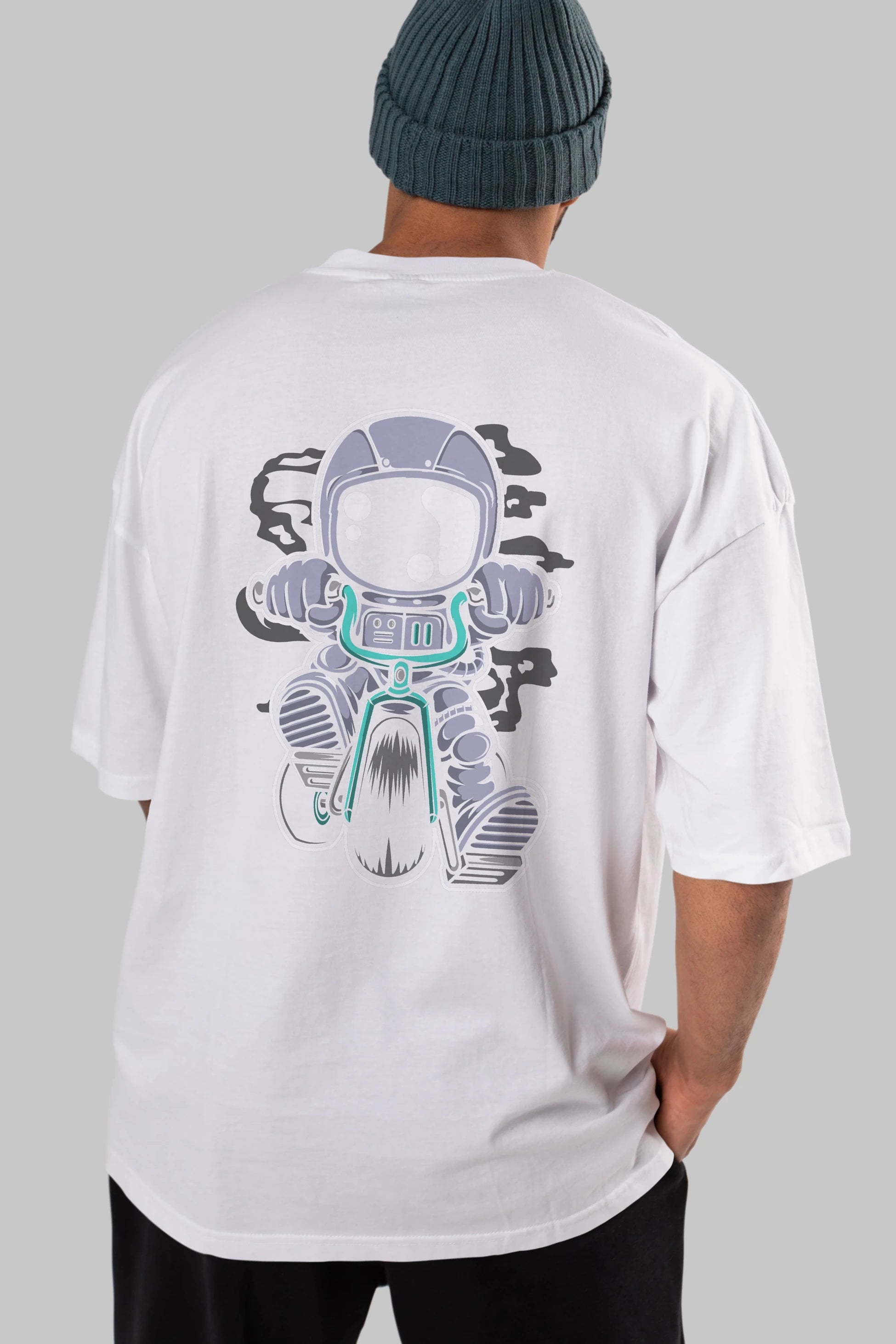 Astronaut Biker Arka Baskılı Oversize t-shirt Erkek Kadın Unisex