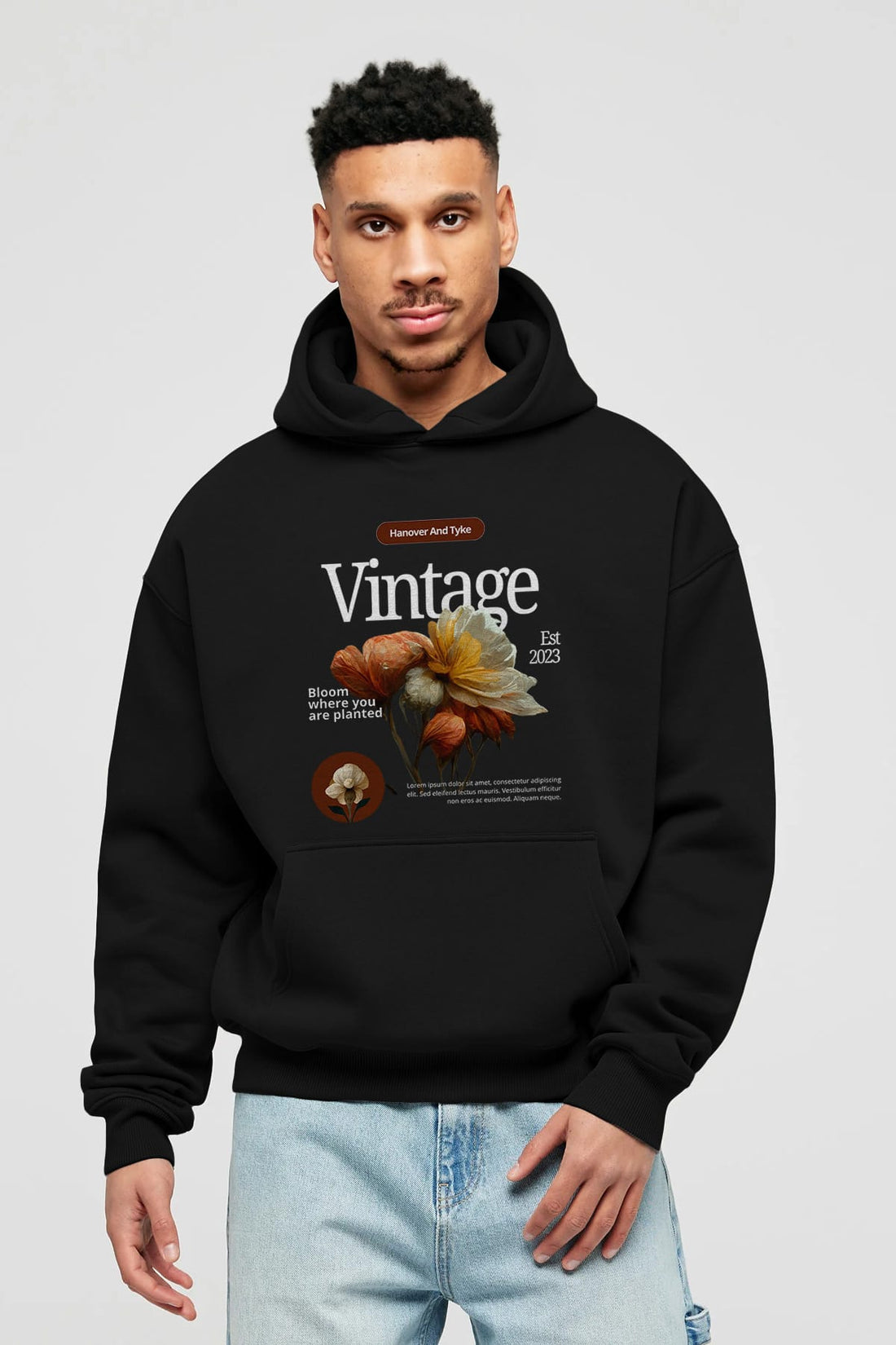 Vintage Çiçek Ön Baskılı Oversize Hoodie Kapüşonlu Sweatshirt Erkek Kadın Unisex