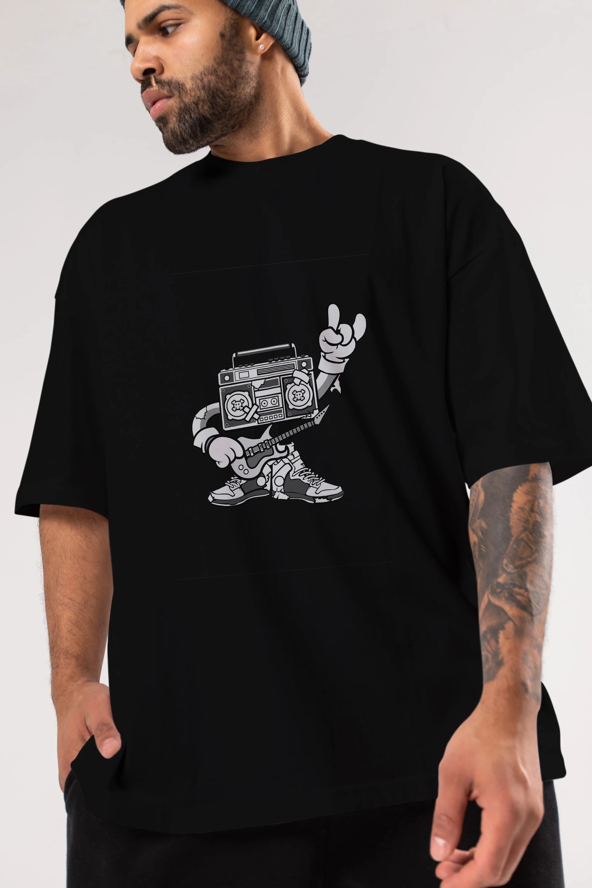Boombox Rockstar Ön Baskılı Oversize t-shirt Erkek Kadın Unisex %100 Pamuk tişort
