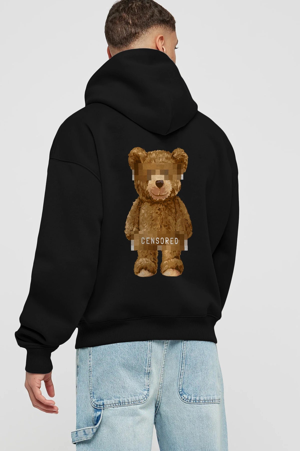 Teddy Bear Censored Arka Baskılı Hoodie Oversize Kapüşonlu Sweatshirt Erkek Kadın Unisex