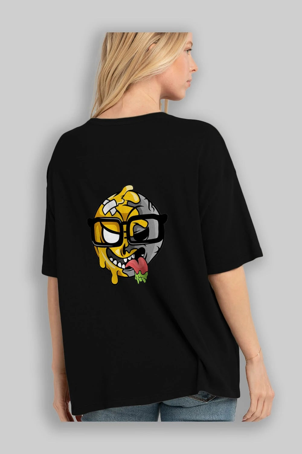 Smiley Nerd Arka Baskılı Oversize t-shirt Erkek Kadın Unisex %100 Pamuk tişort