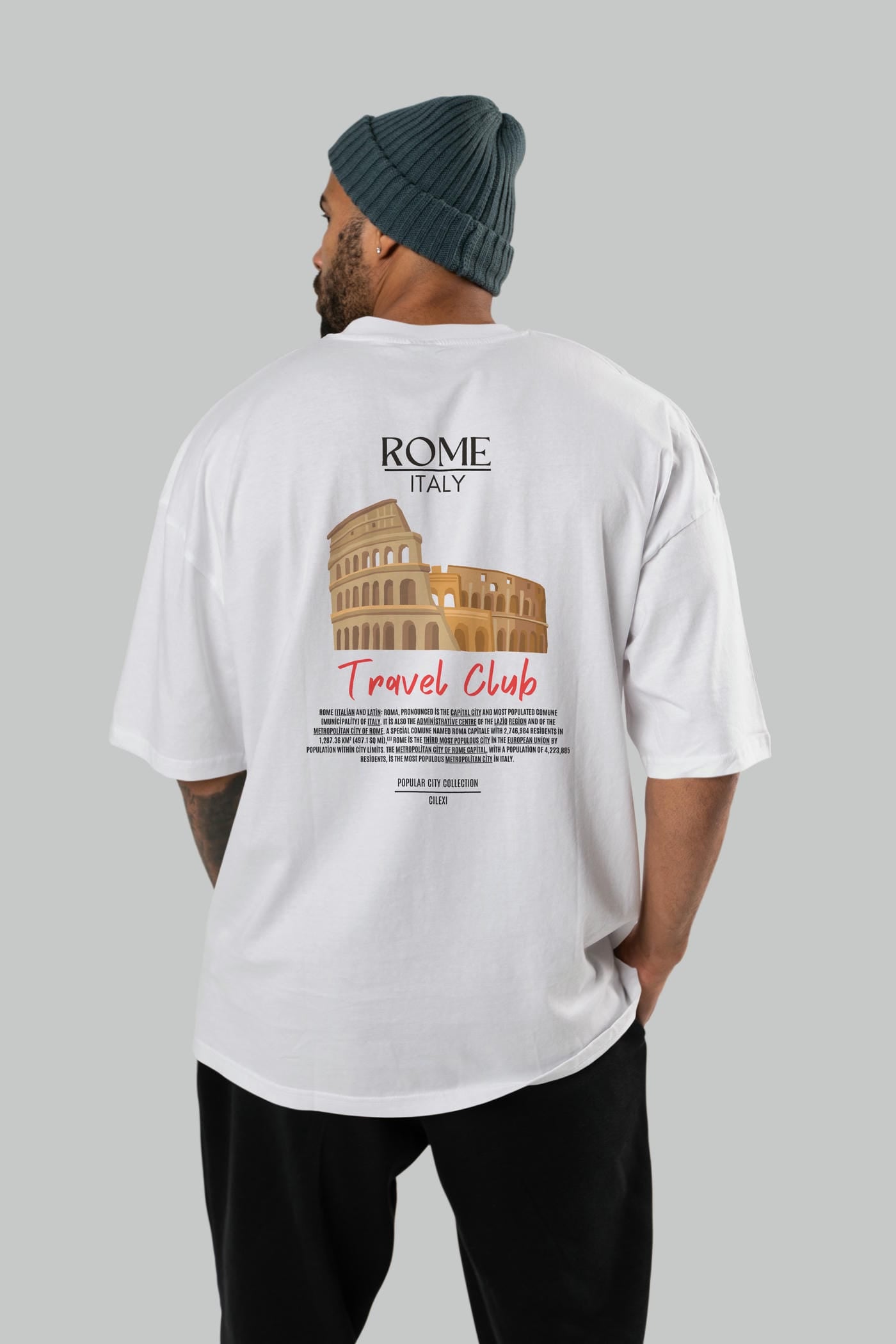 Roma İtaly Arka Baskılı Oversize t-shirt Erkek Kadın Pamuk Bisiklet Yaka tişort