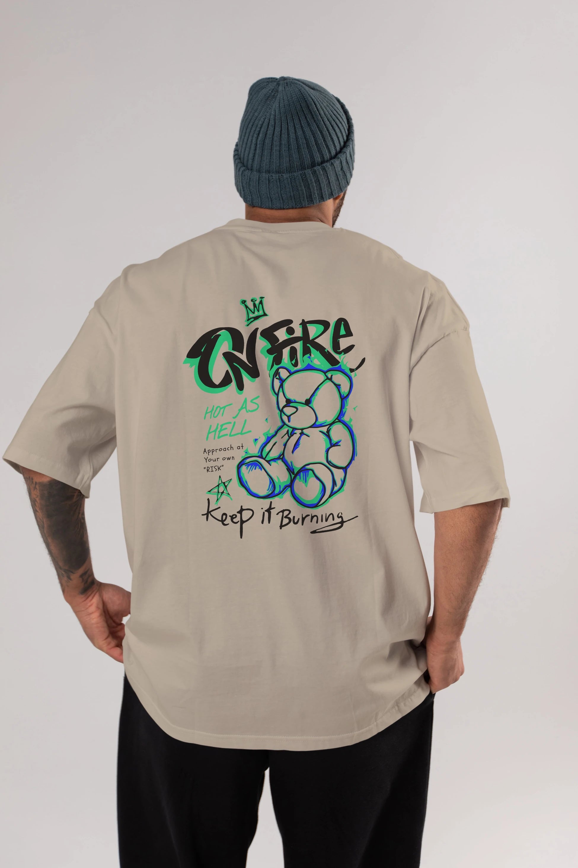 On Fire Bear Arka Baskılı Oversize t-shirt Erkek Kadın Unisex