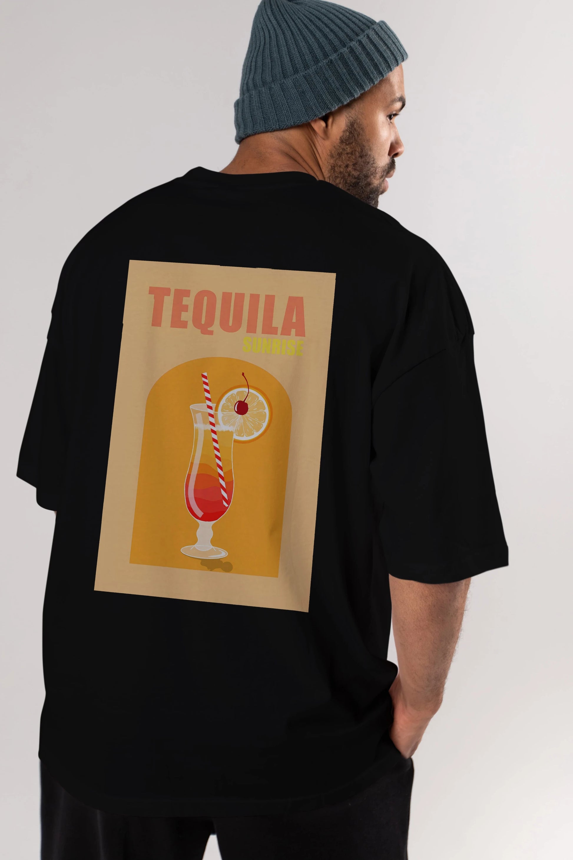 Tequila Sunrise Arka Baskılı Oversize t-shirt Erkek Kadın Unisex %100 Pamuk Bisiklet Yaka tişort