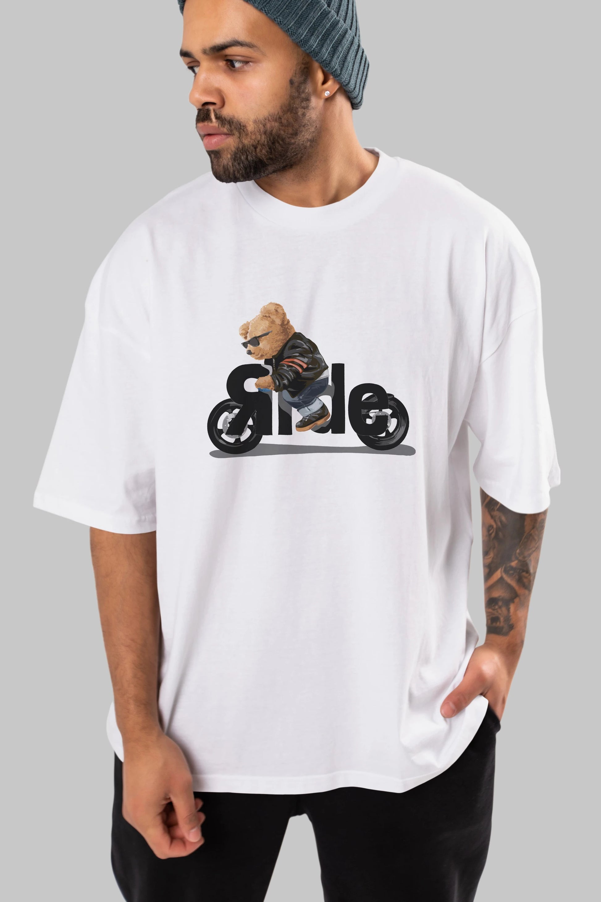 Teddy Bear Ride Ön Baskılı Oversize t-shirt Erkek Kadın Unisex %100 Pamuk